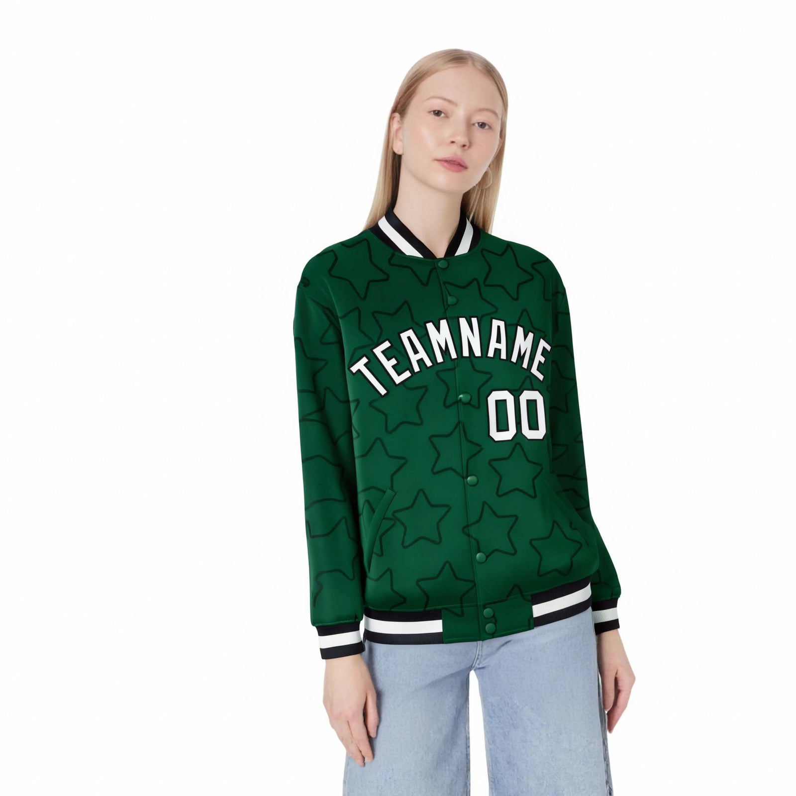 Custom Green White-Black Varsity Full-Snap Star Pattern Letterman Baseball Jacket