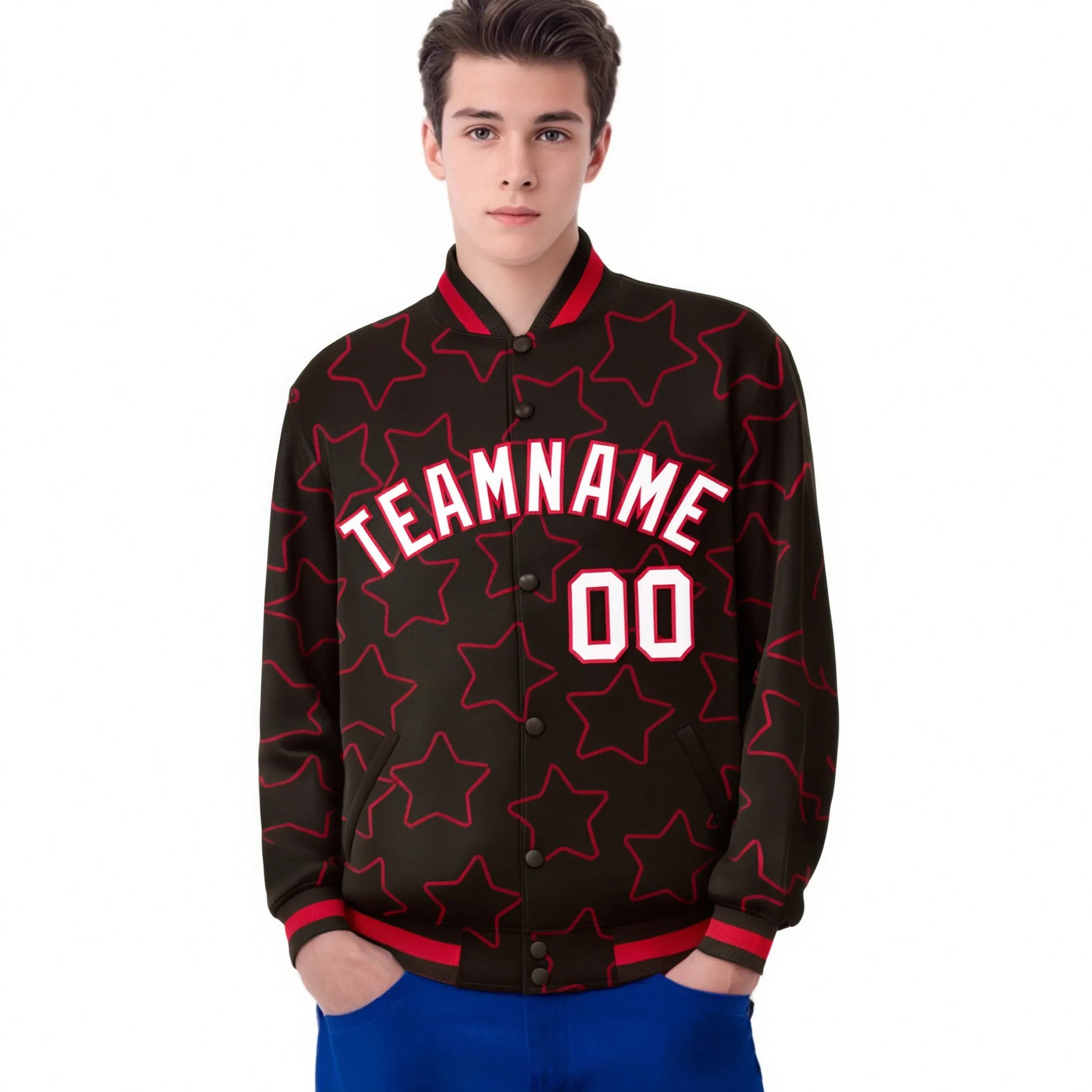 Custom Brown White-Red Varsity Full-Snap Star Pattern Letterman Baseball Jacket