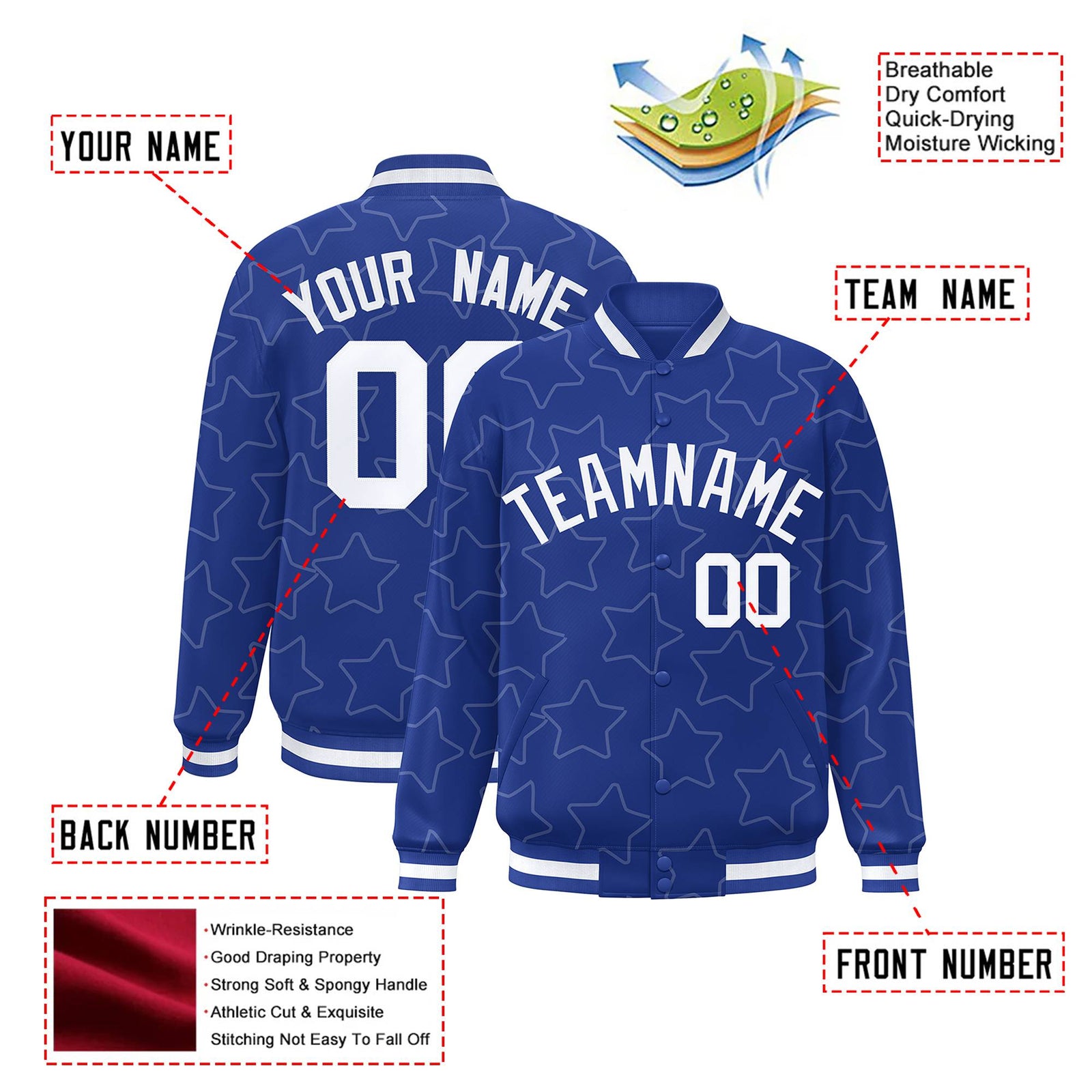 Custom Royal Blue White Varsity Full-Snap Star Pattern Letterman Baseball Jacket