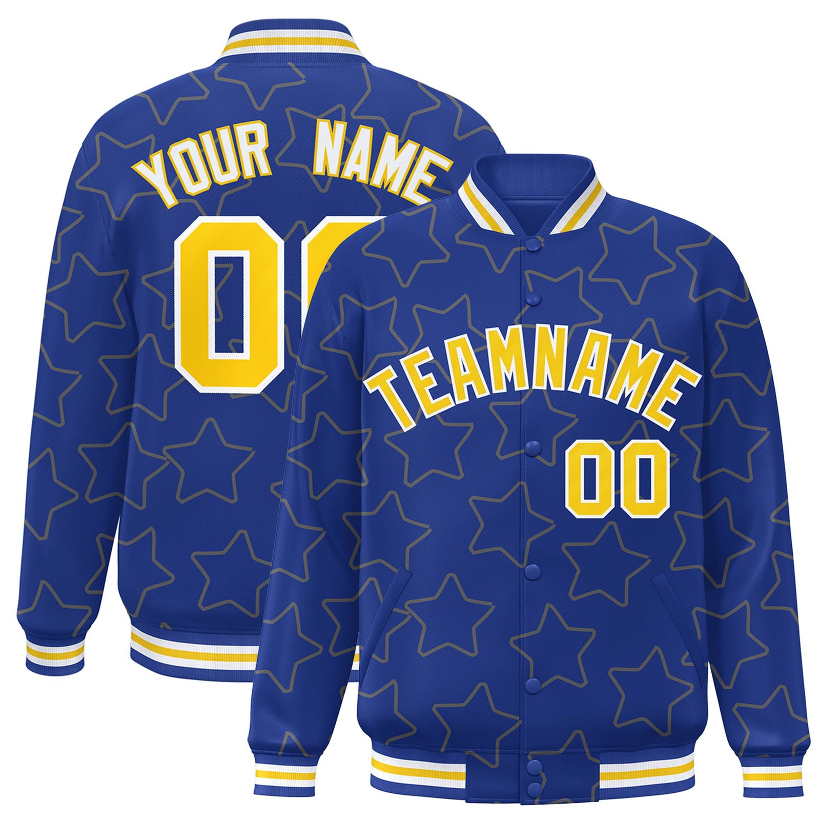 Custom Royal Blue Gold-White Varsity Full-Snap Star Pattern Letterman Baseball Jacket