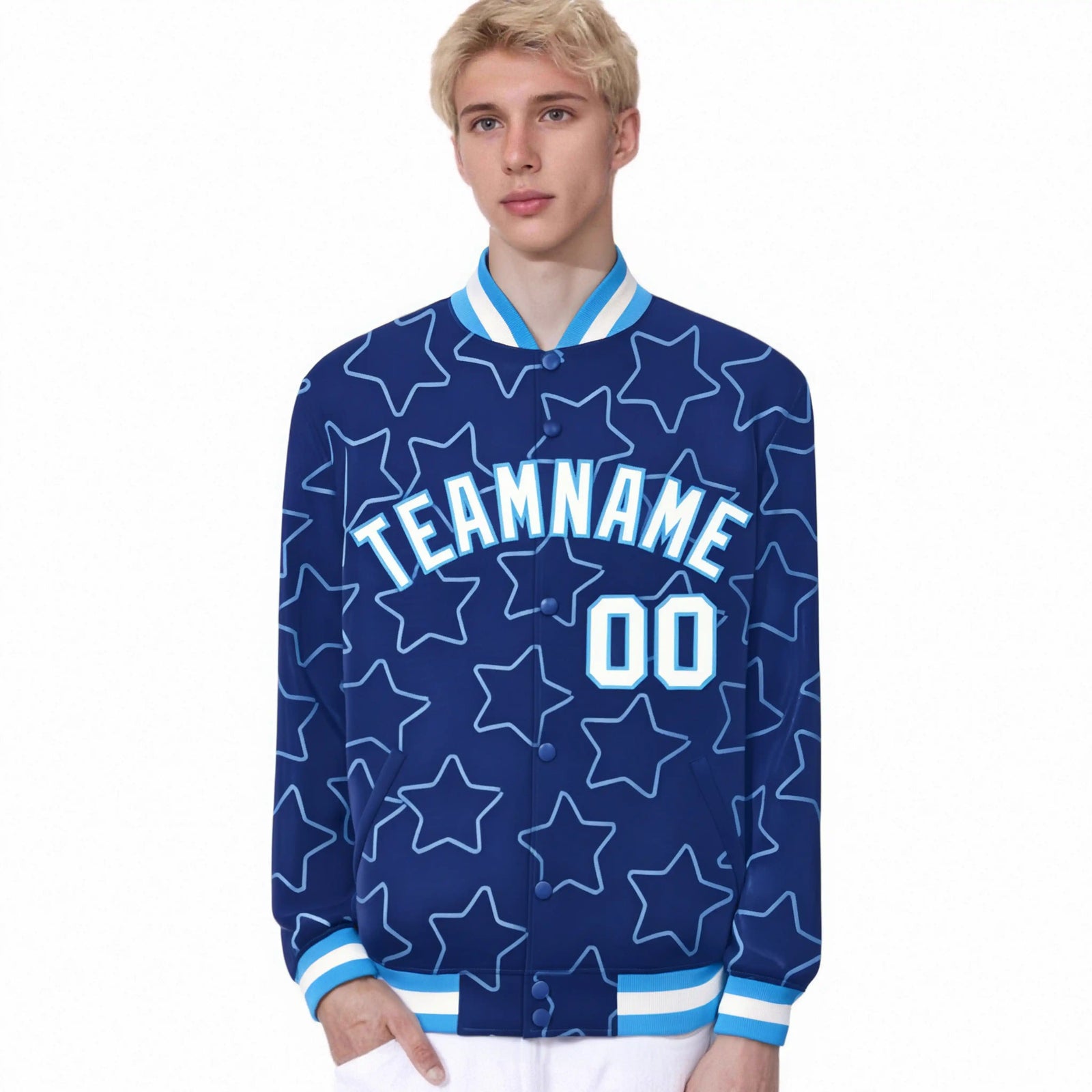 Custom Royal Blue White-Powder Blue Varsity Full-Snap Star Pattern Letterman Baseball Jacket