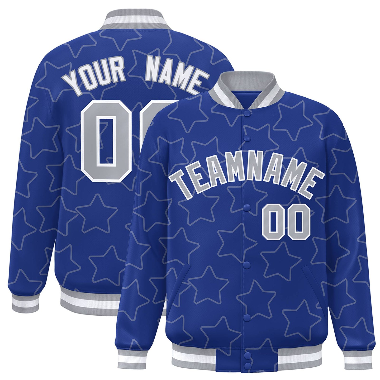 Custom Royal Blue Gray-White Varsity Full-Snap Star Pattern Letterman Baseball Jacket
