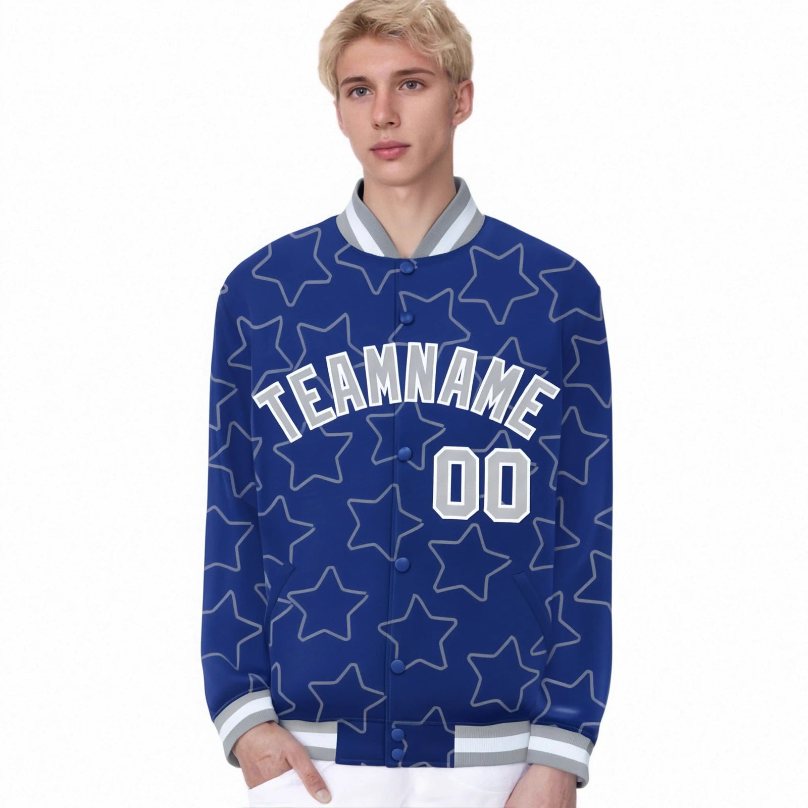 Custom Royal Blue Gray-White Varsity Full-Snap Star Pattern Letterman Baseball Jacket