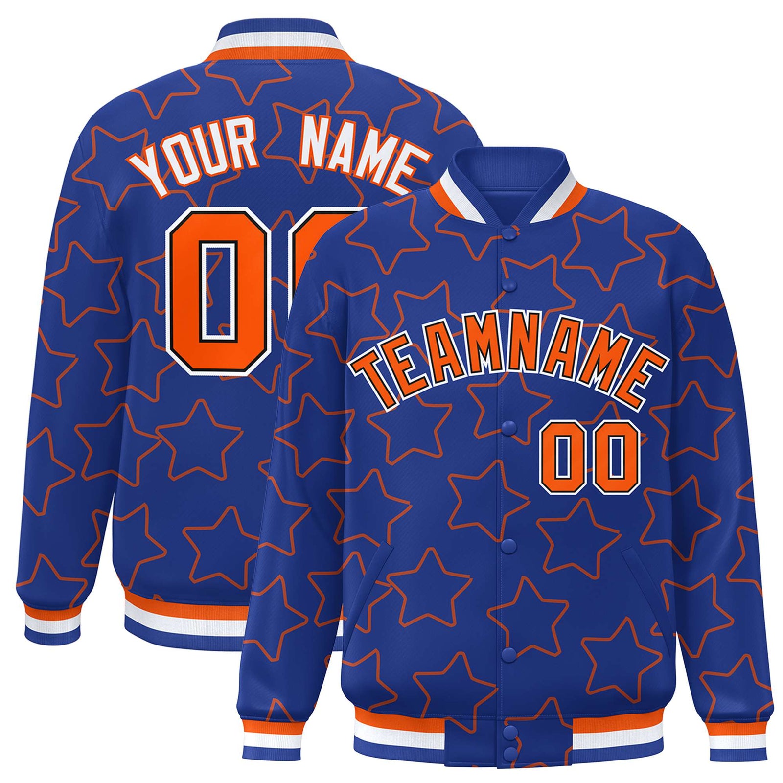 Custom Royal Blue Orange Varsity Full-Snap Star Pattern Letterman Baseball Jacket