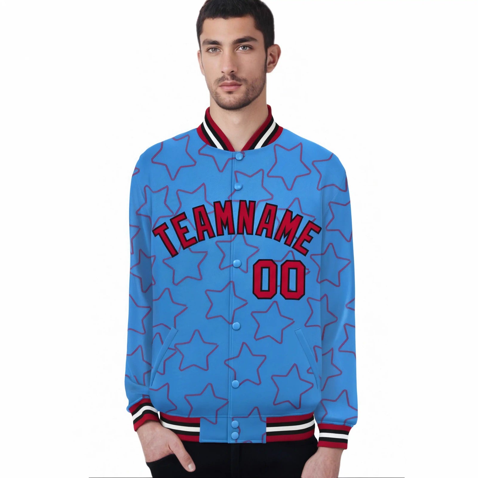 Custom Pink White Varsity Full-Snap Star Pattern Letterman Baseball Jacket