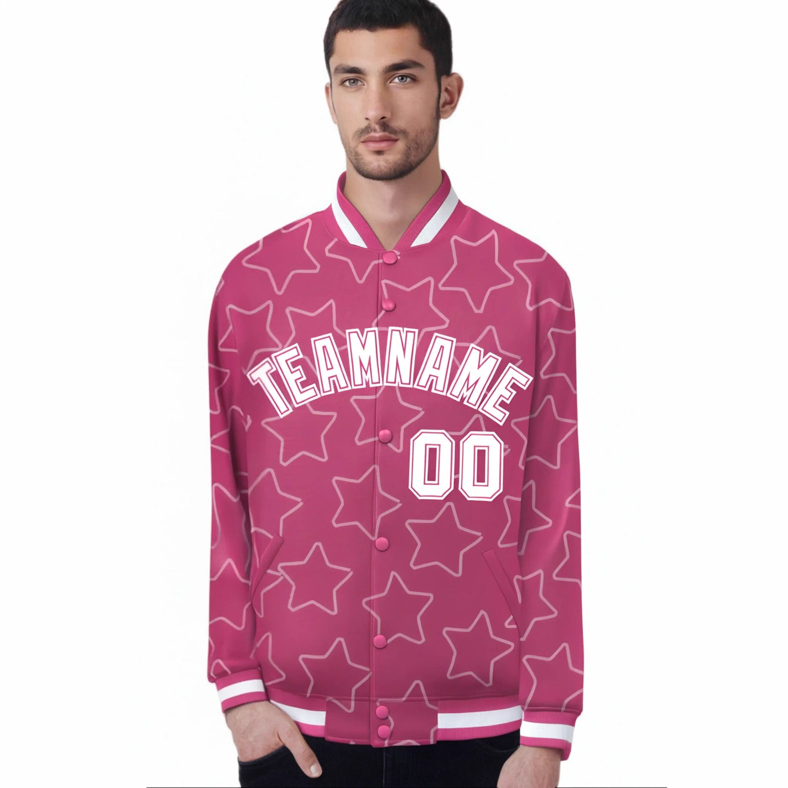 Custom Powder Blue Red-Black Varsity Full-Snap Star Pattern Letterman Baseball Jacket