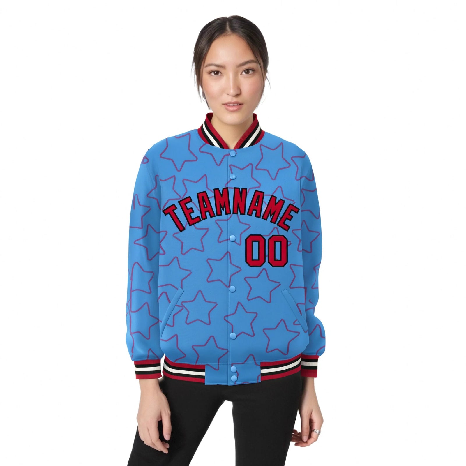 Custom Powder Blue Red-Black Varsity Full-Snap Star Pattern Letterman Baseball Jacket
