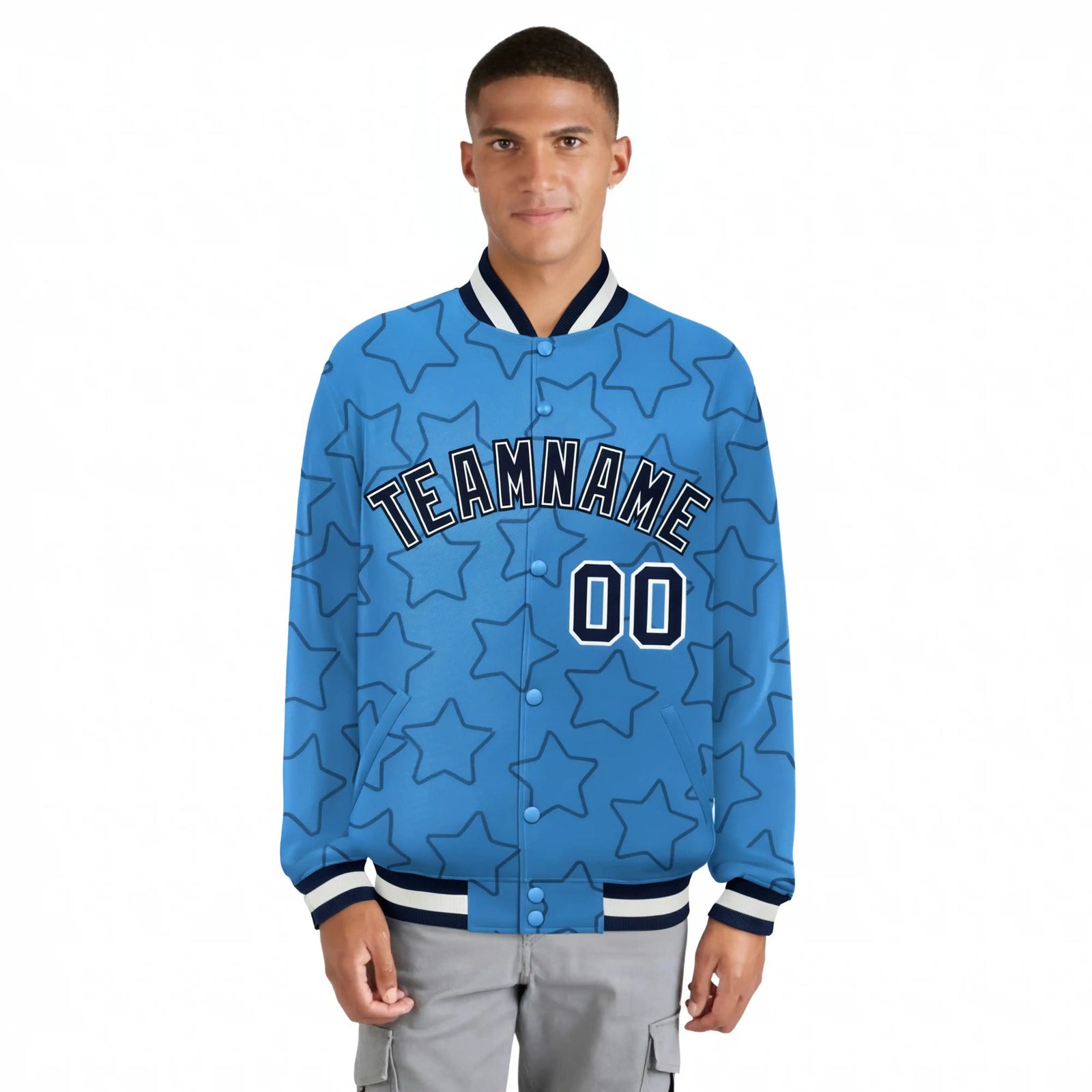 Custom Powder Blue Navy-White Varsity Full-Snap Star Pattern Letterman Baseball Jacket