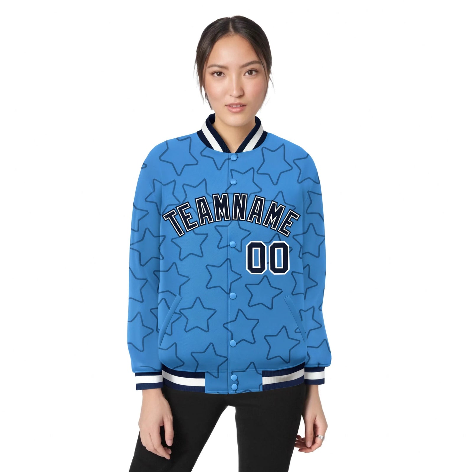 Custom Powder Blue Navy-White Varsity Full-Snap Star Pattern Letterman Baseball Jacket