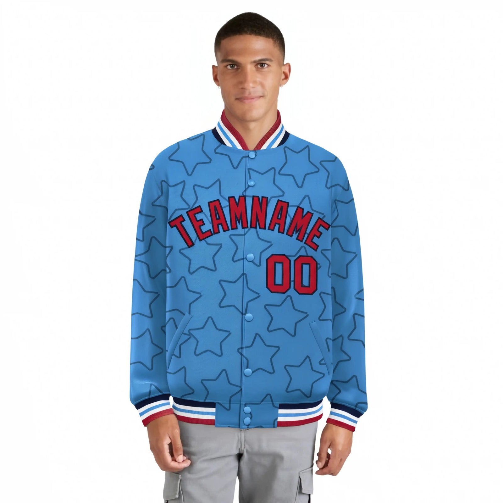 Custom Powder Blue Red-Navy Varsity Full-Snap Star Pattern Letterman Baseball Jacket