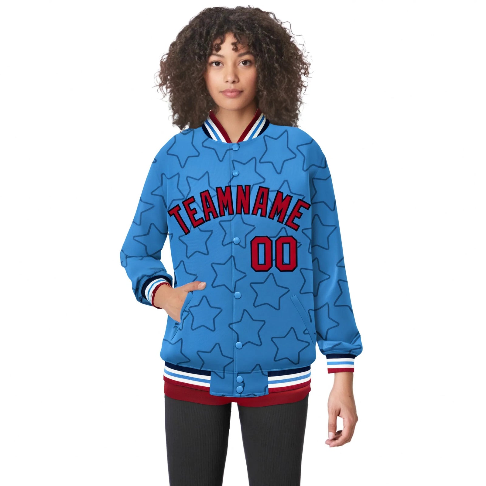 Custom Powder Blue Red-Navy Varsity Full-Snap Star Pattern Letterman Baseball Jacket