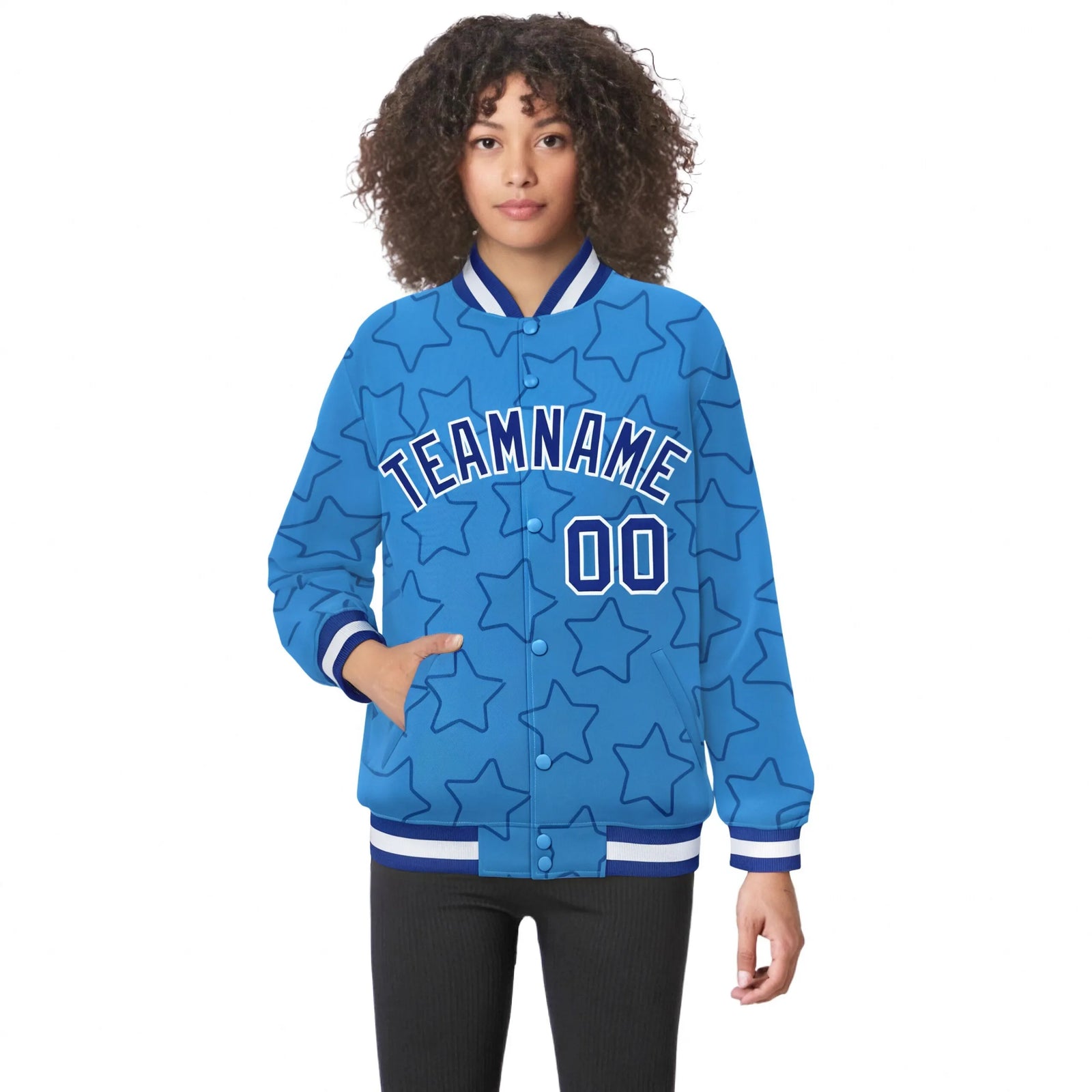 Custom Powder Blue Royal Blue-White Varsity Full-Snap Star Pattern Letterman Baseball Jacket