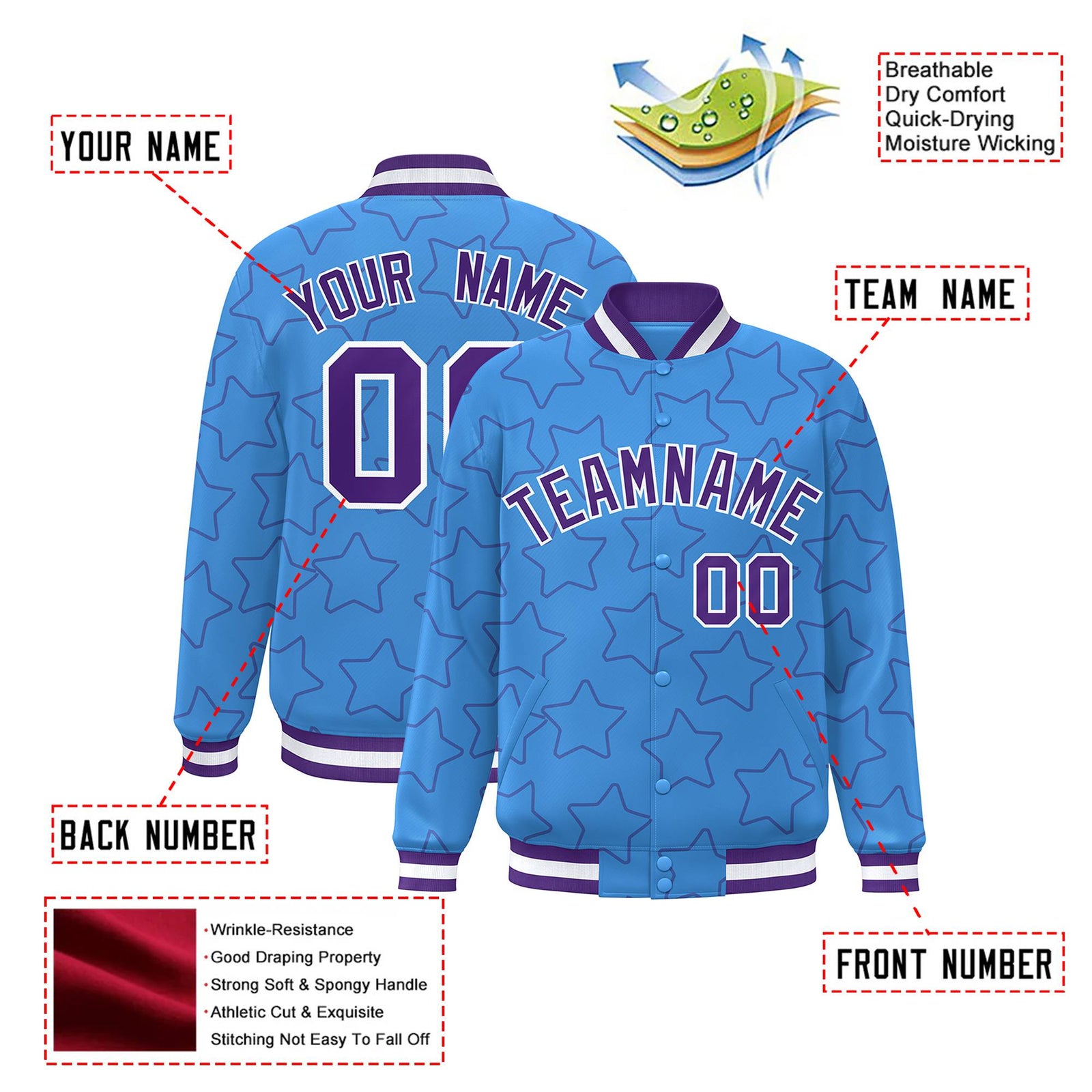 Custom Powder Blue Purple-White Varsity Full-Snap Star Pattern Letterman Baseball Jacket