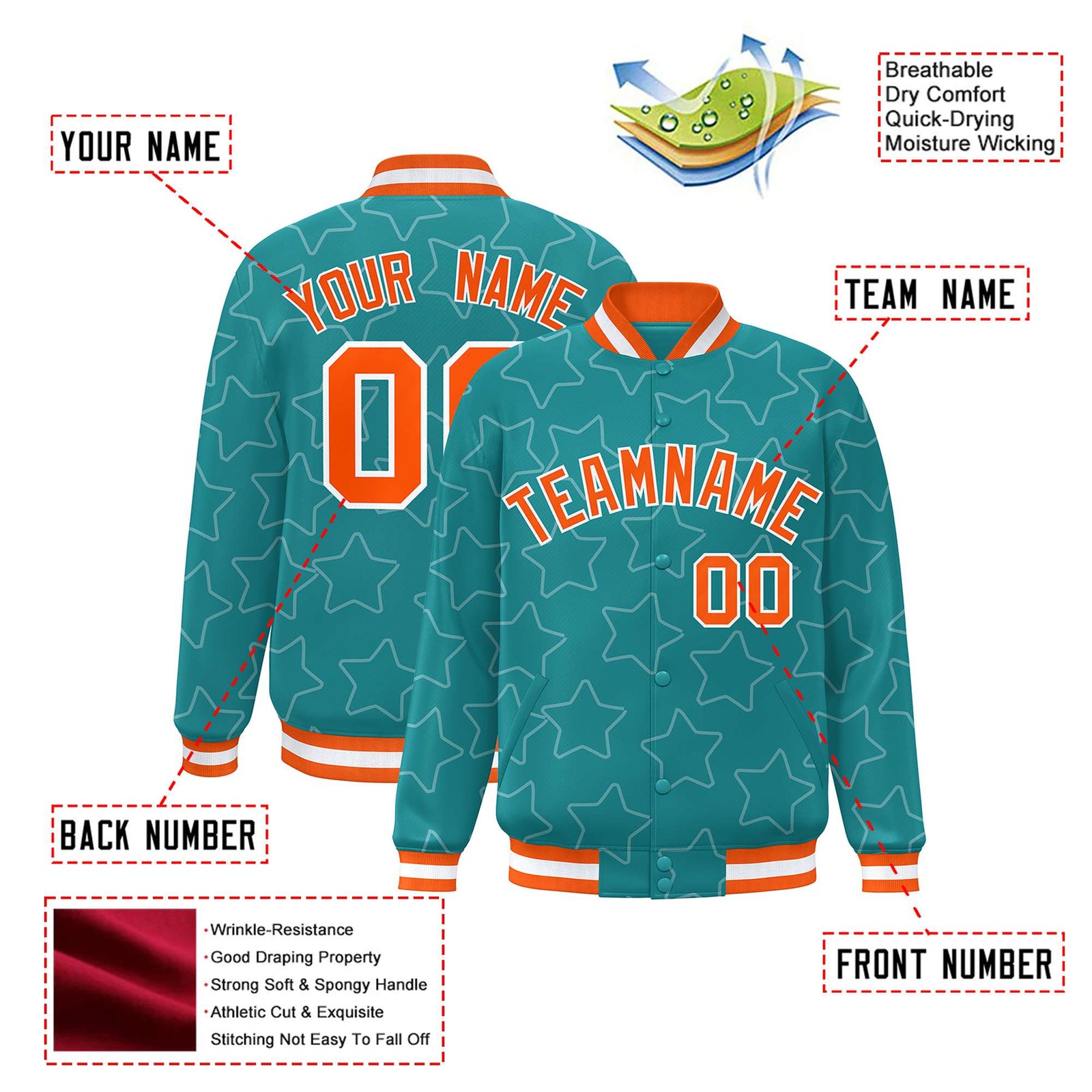 Custom Aqua Orange-White Varsity Full-Snap Star Pattern Letterman Baseball Jacket
