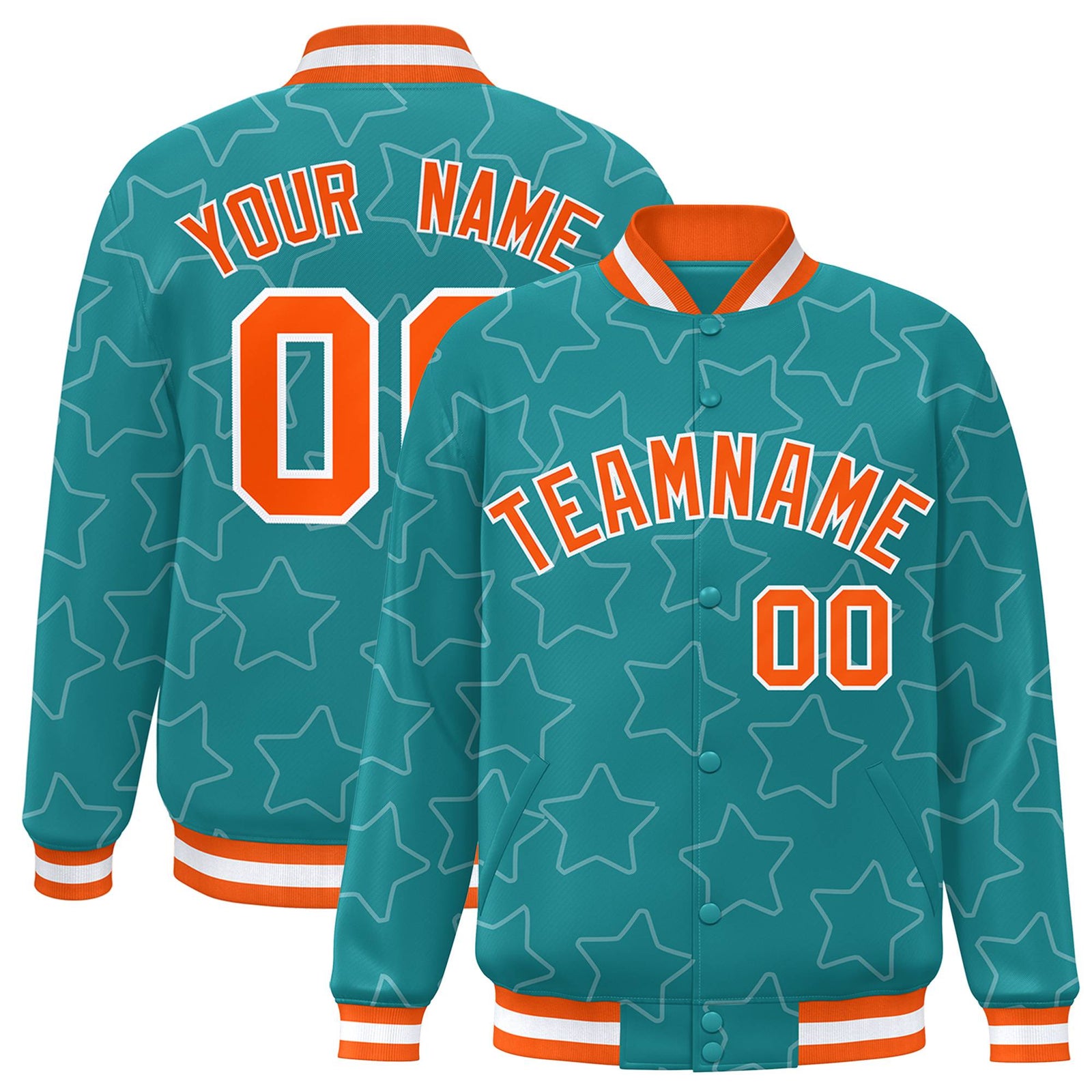 Custom Aqua Orange-White Varsity Full-Snap Star Pattern Letterman Baseball Jacket