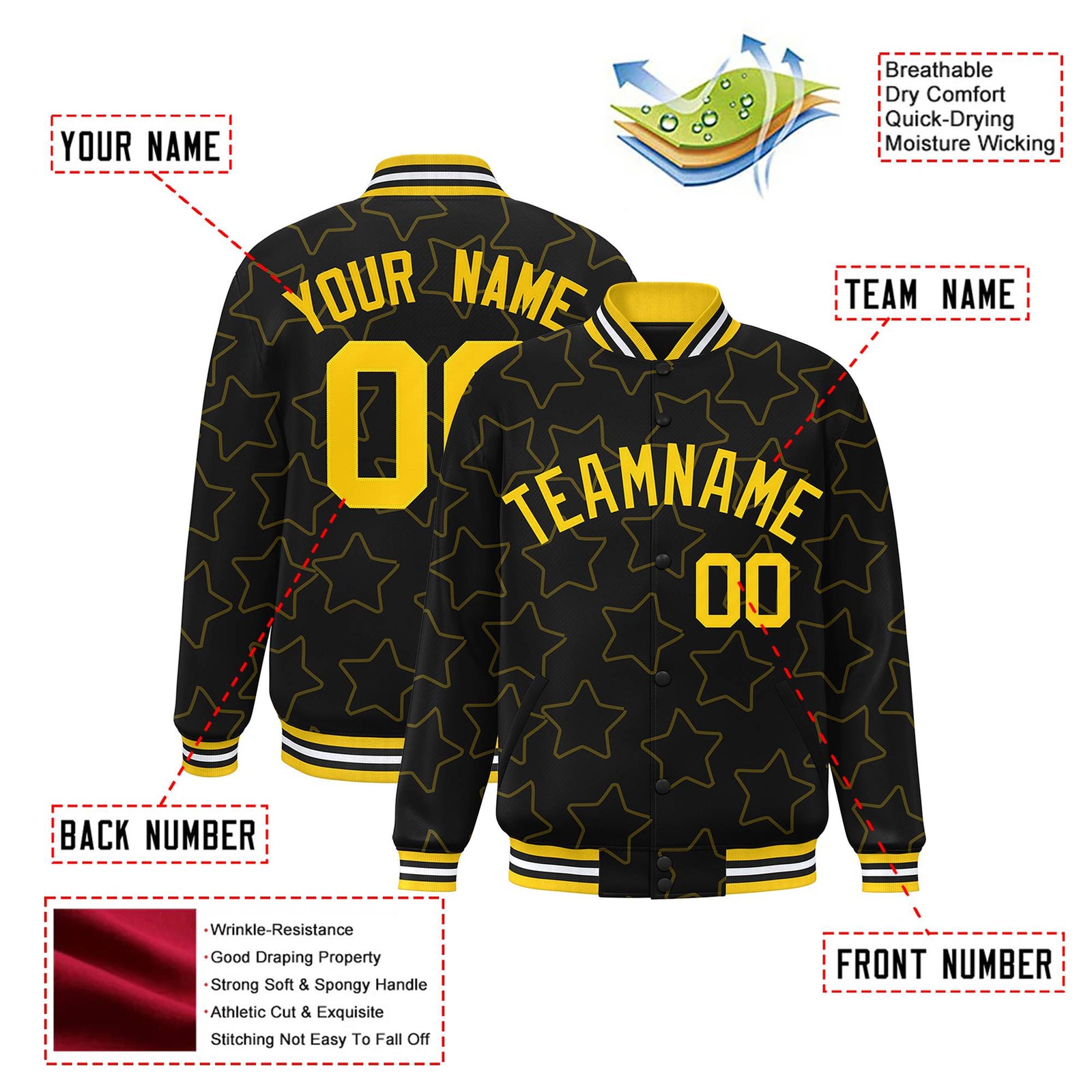 Custom Black Gold Varsity Full-Snap Star Pattern Letterman Baseball Jacket