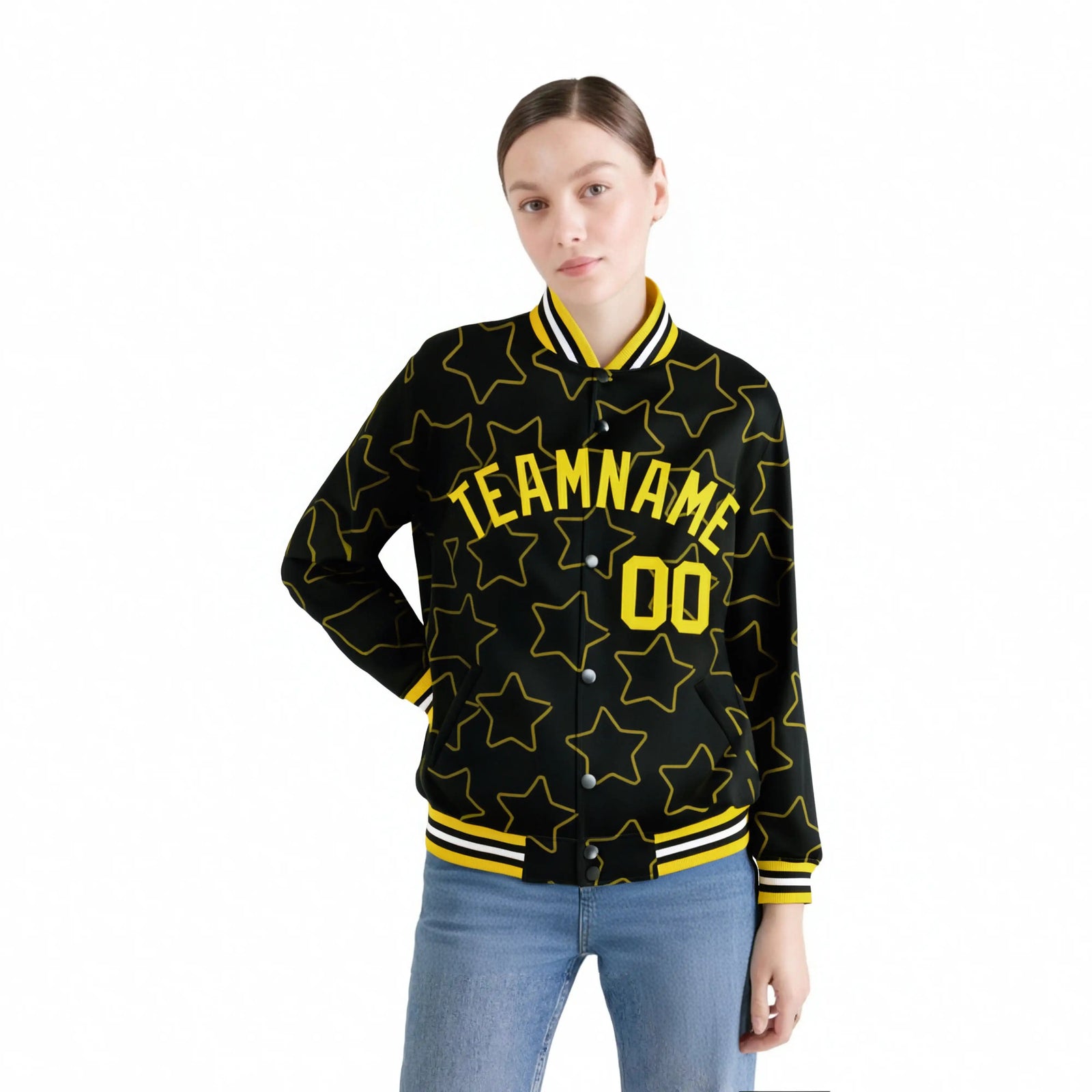 Custom Black Gold Varsity Full-Snap Star Pattern Letterman Baseball Jacket
