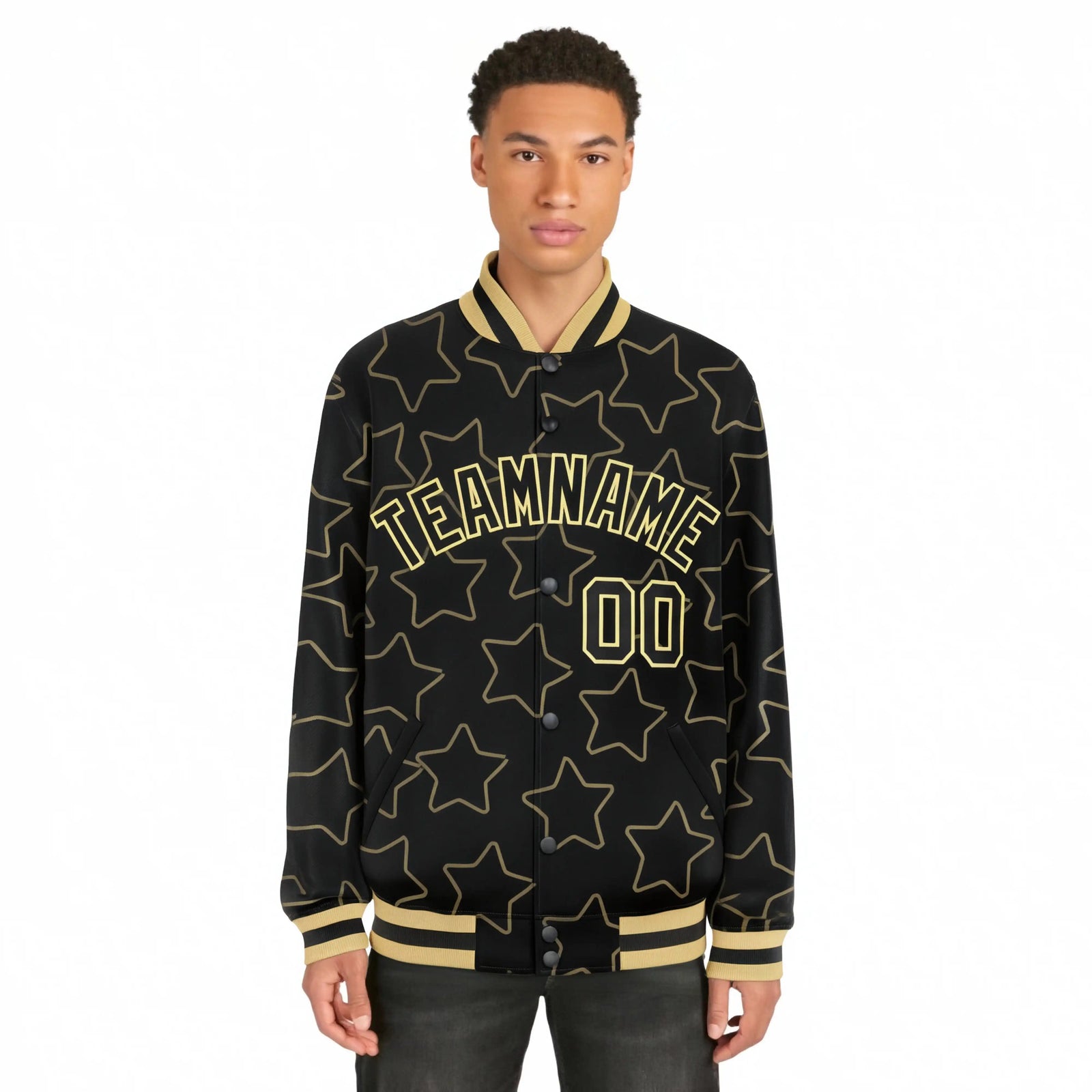 Custom Black Old-Gold Varsity Full-Snap Star Pattern Letterman Baseball Jacket