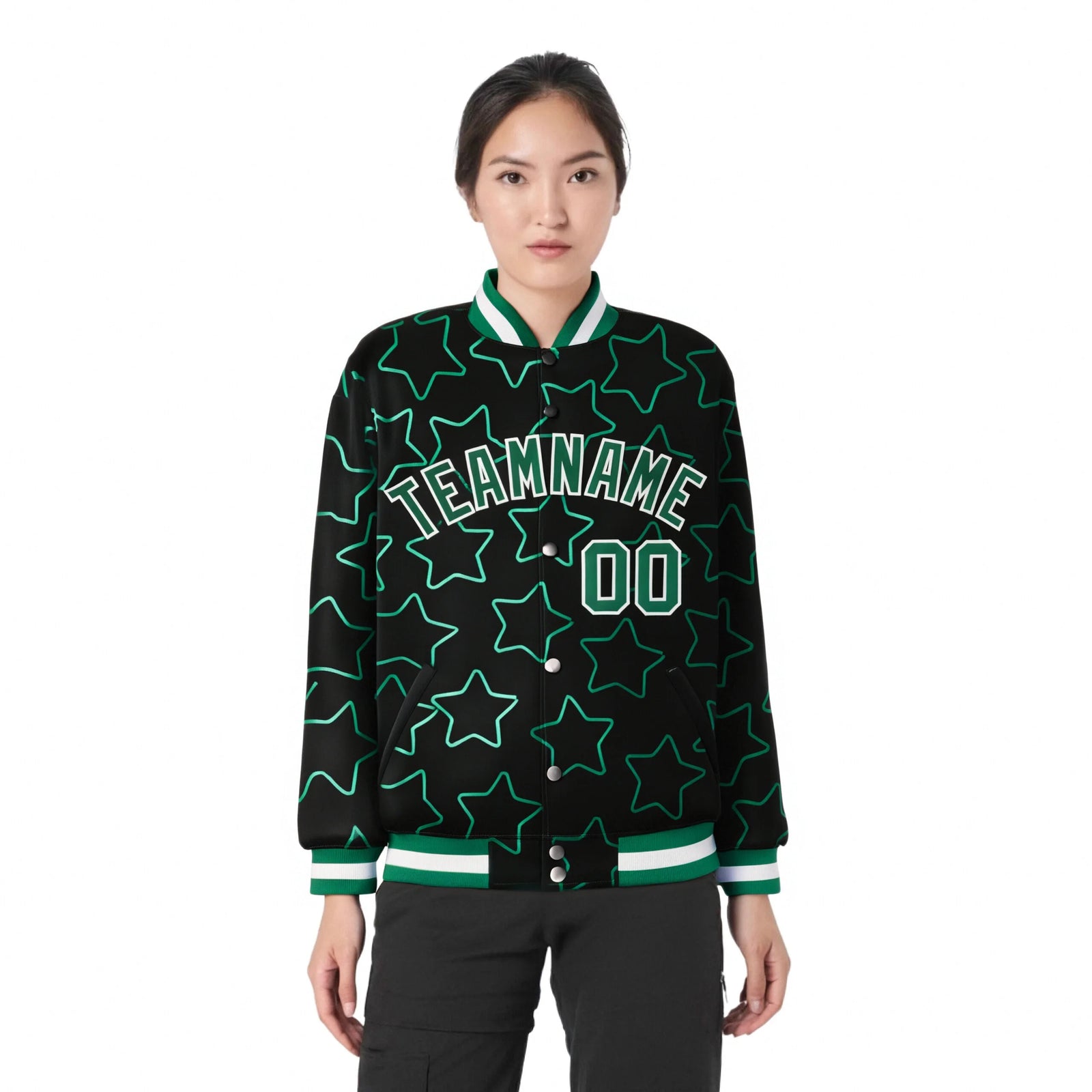 Custom Black Green-White Varsity Full-Snap Star Pattern Letterman Baseball Jacket