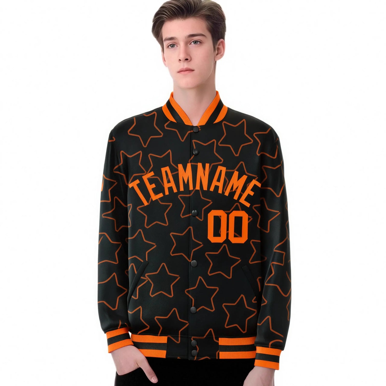 Custom Black Orange Varsity Full-Snap Star Pattern Letterman Baseball Jacket