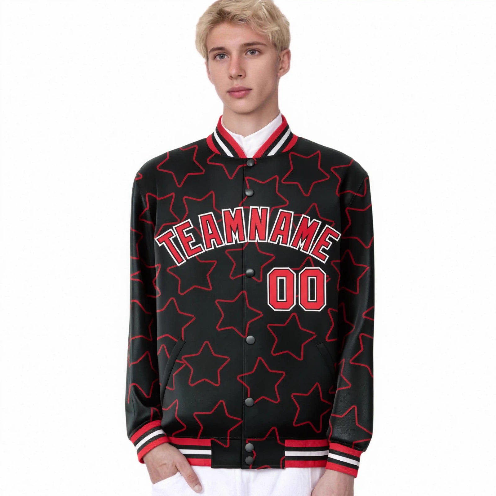 Custom Black Red-White Varsity Full-Snap Star Pattern Letterman Baseball Jacket