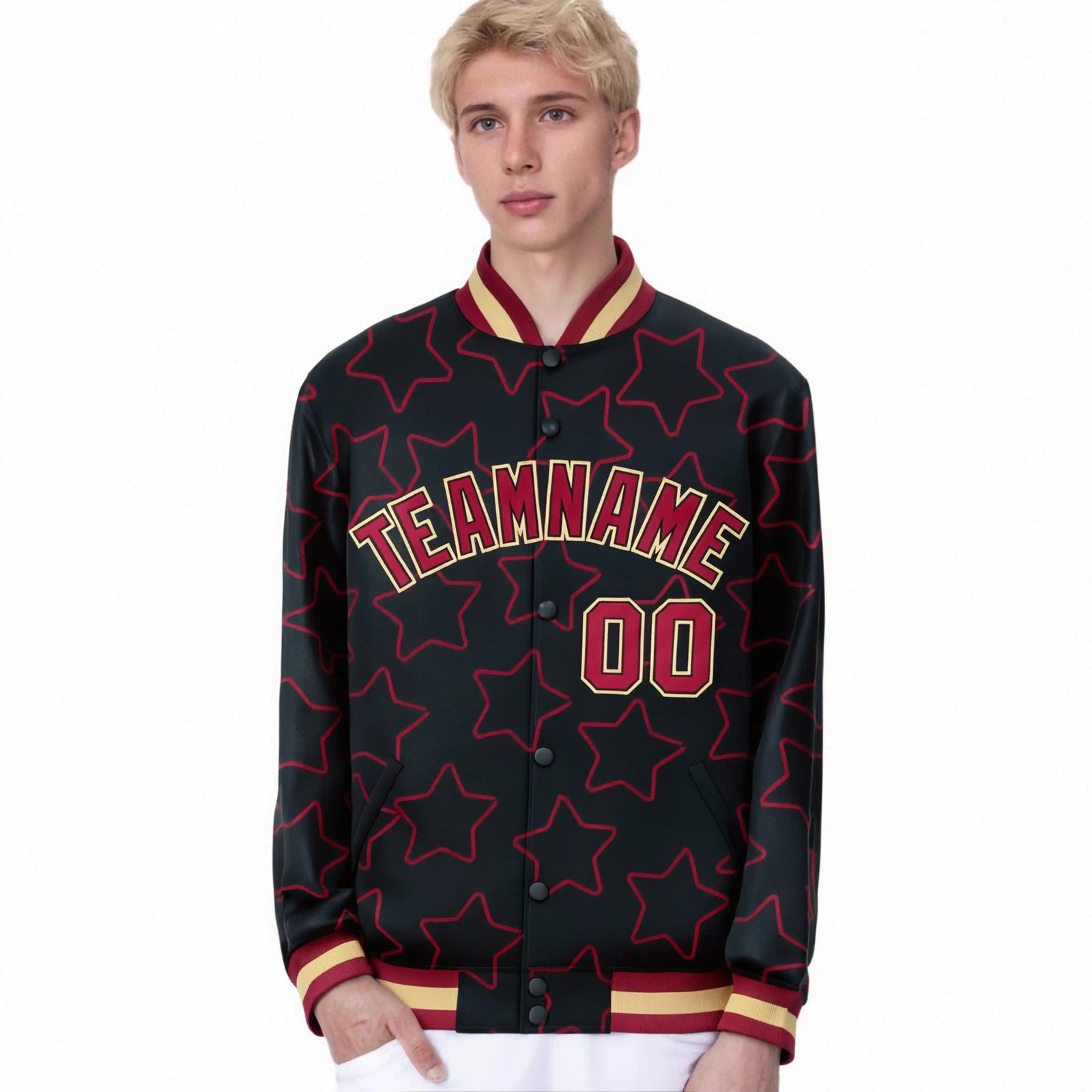 Custom Black Red-Old Gold Varsity Full-Snap Star Pattern Letterman Baseball Jacket