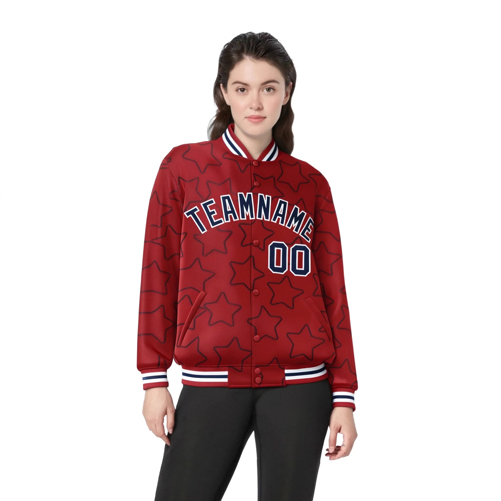 Custom Red Navy-White Varsity Full-Snap Star Pattern Letterman Baseball Jacket