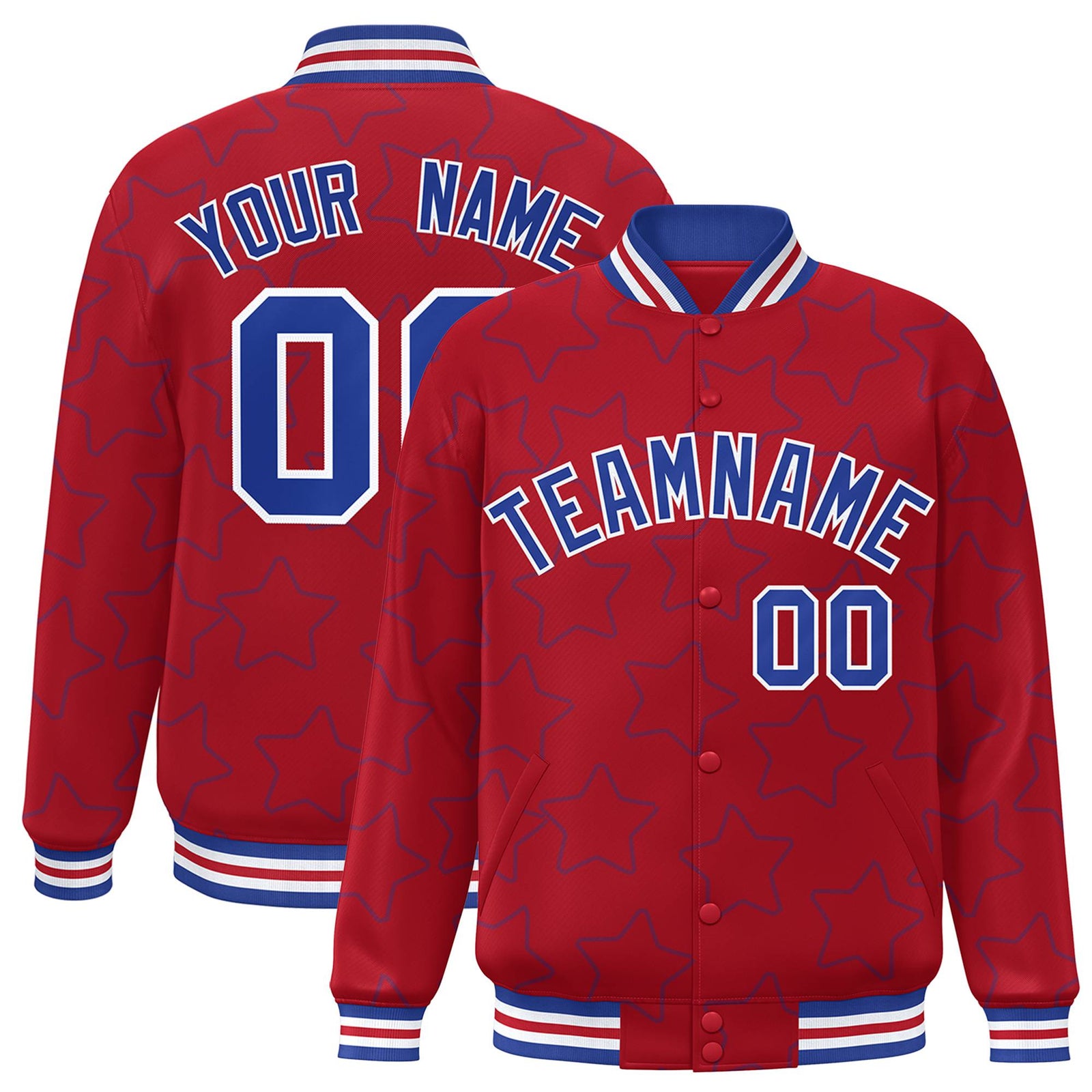 Custom Red Royal Blue-White Varsity Full-Snap Star Pattern Letterman Baseball Jacket