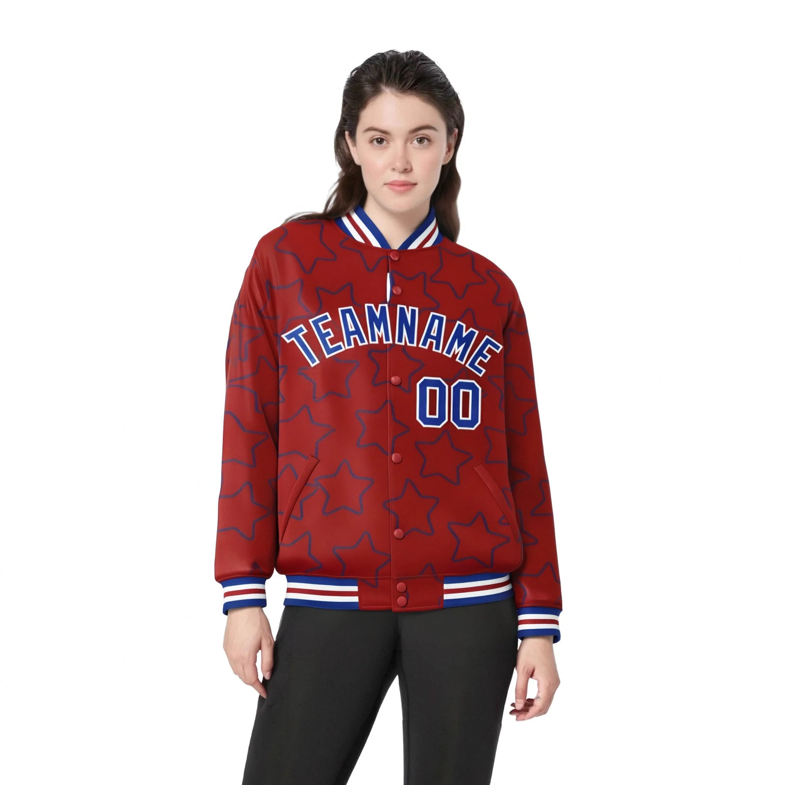 Custom Red Royal Blue-White Varsity Full-Snap Star Pattern Letterman Baseball Jacket