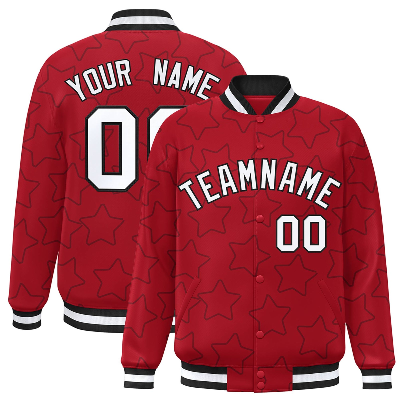 Custom Red White-Black Varsity Full-Snap Star Pattern Letterman Baseball Jacket