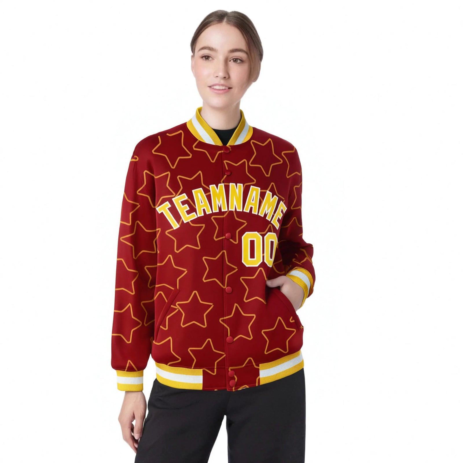 Custom Red Gold-White Varsity Full-Snap Star Pattern Letterman Baseball Jacket