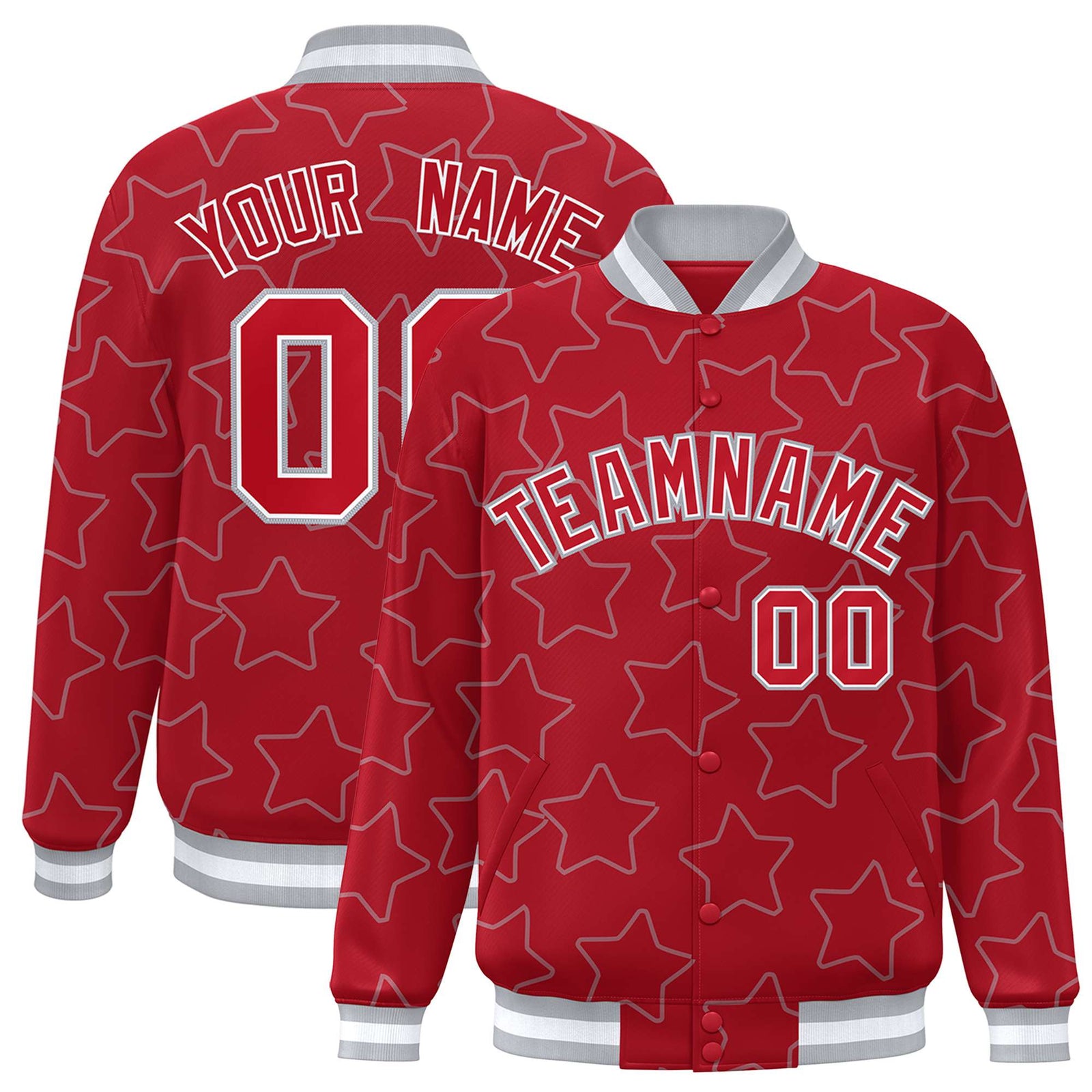 Custom Red Red-White Varsity Full-Snap Star Pattern Letterman Baseball Jacket