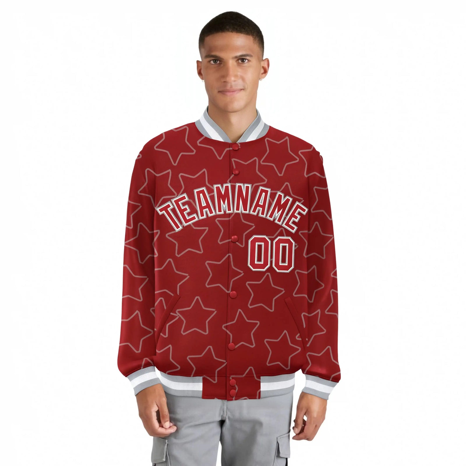 Custom Red Red-White Varsity Full-Snap Star Pattern Letterman Baseball Jacket