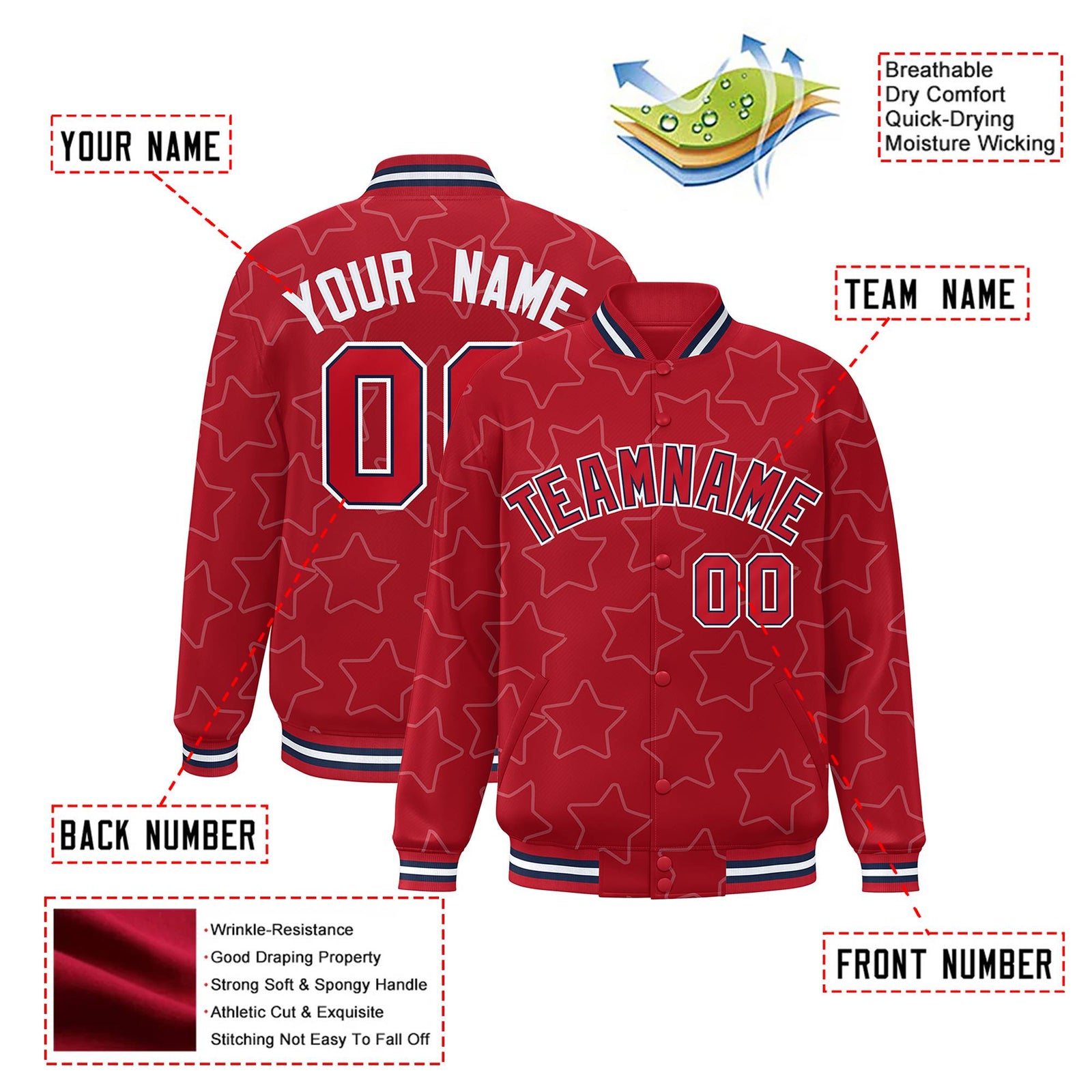Custom Red Red-Navy Varsity Full-Snap Star Pattern Letterman Baseball Jacket