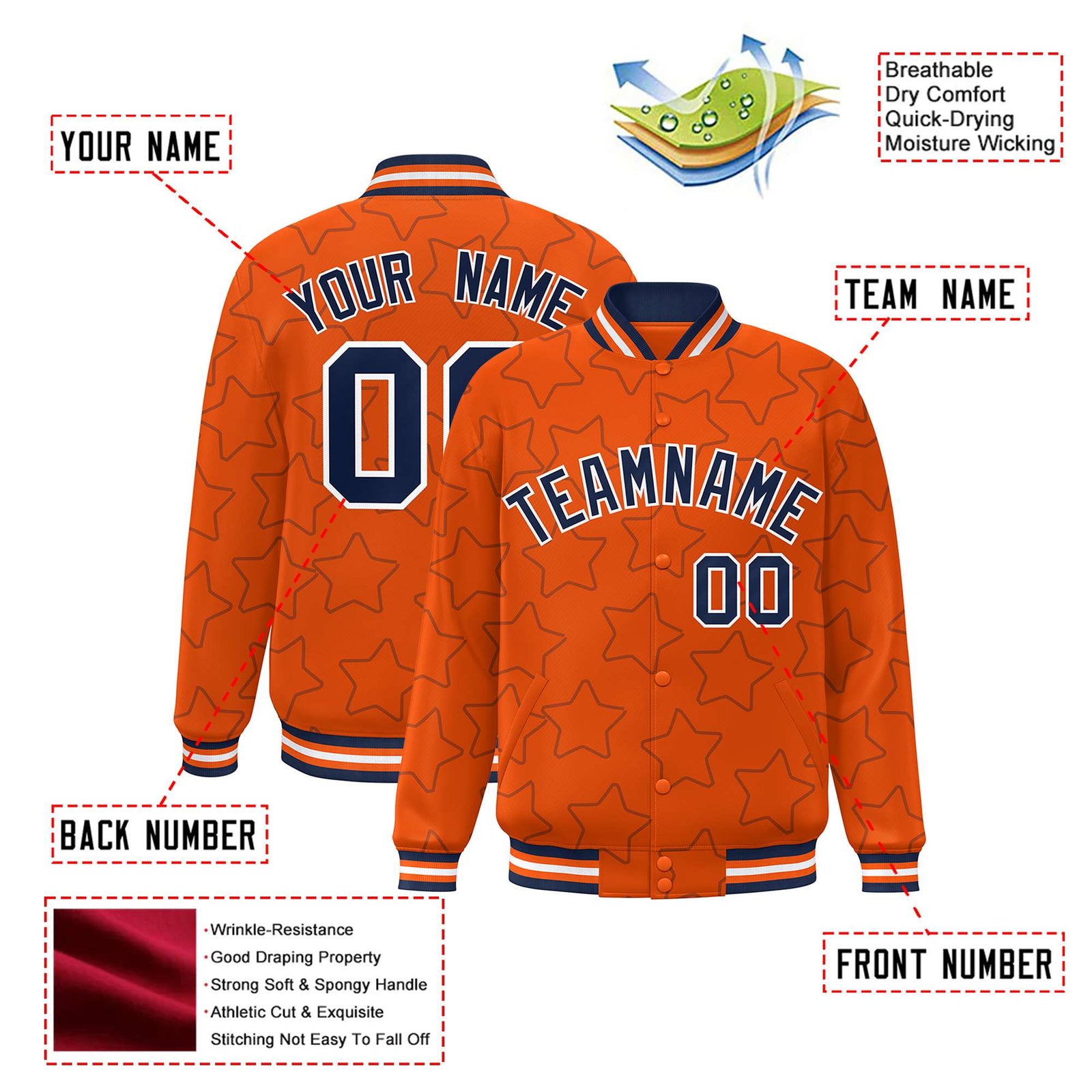 Custom Orange Navy-White Varsity Full-Snap Star Pattern Letterman Baseball Jacket