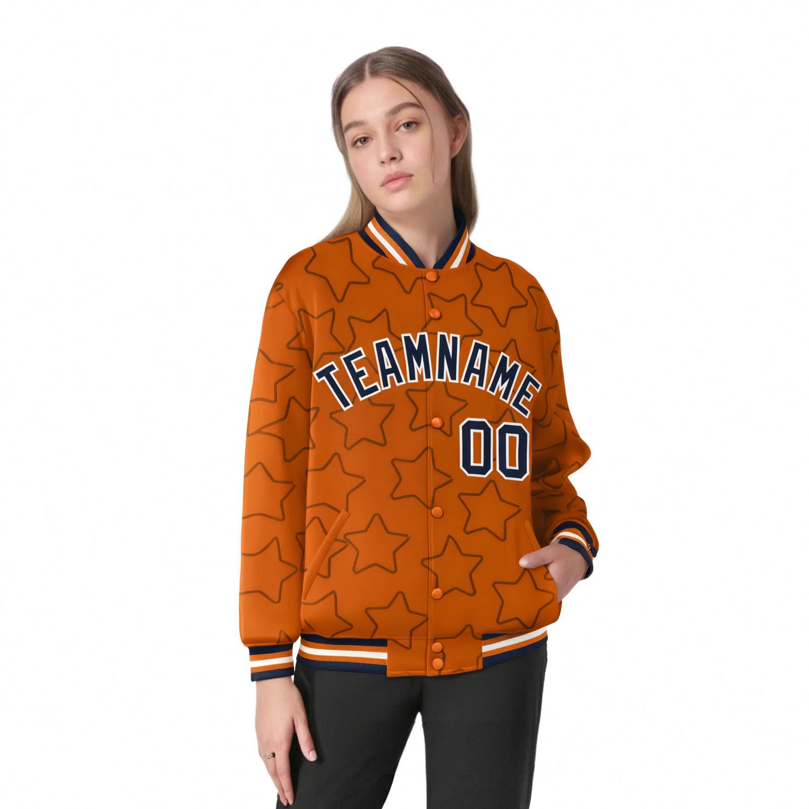 Custom Orange Navy-White Varsity Full-Snap Star Pattern Letterman Baseball Jacket