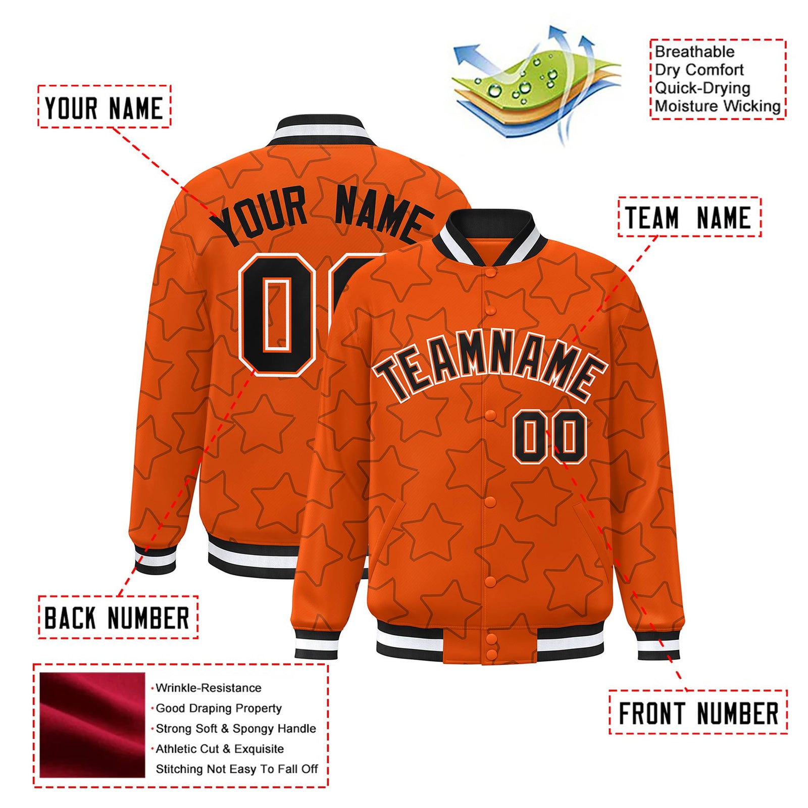 Custom Orange Black-White Varsity Full-Snap Star Pattern Letterman Baseball Jacket