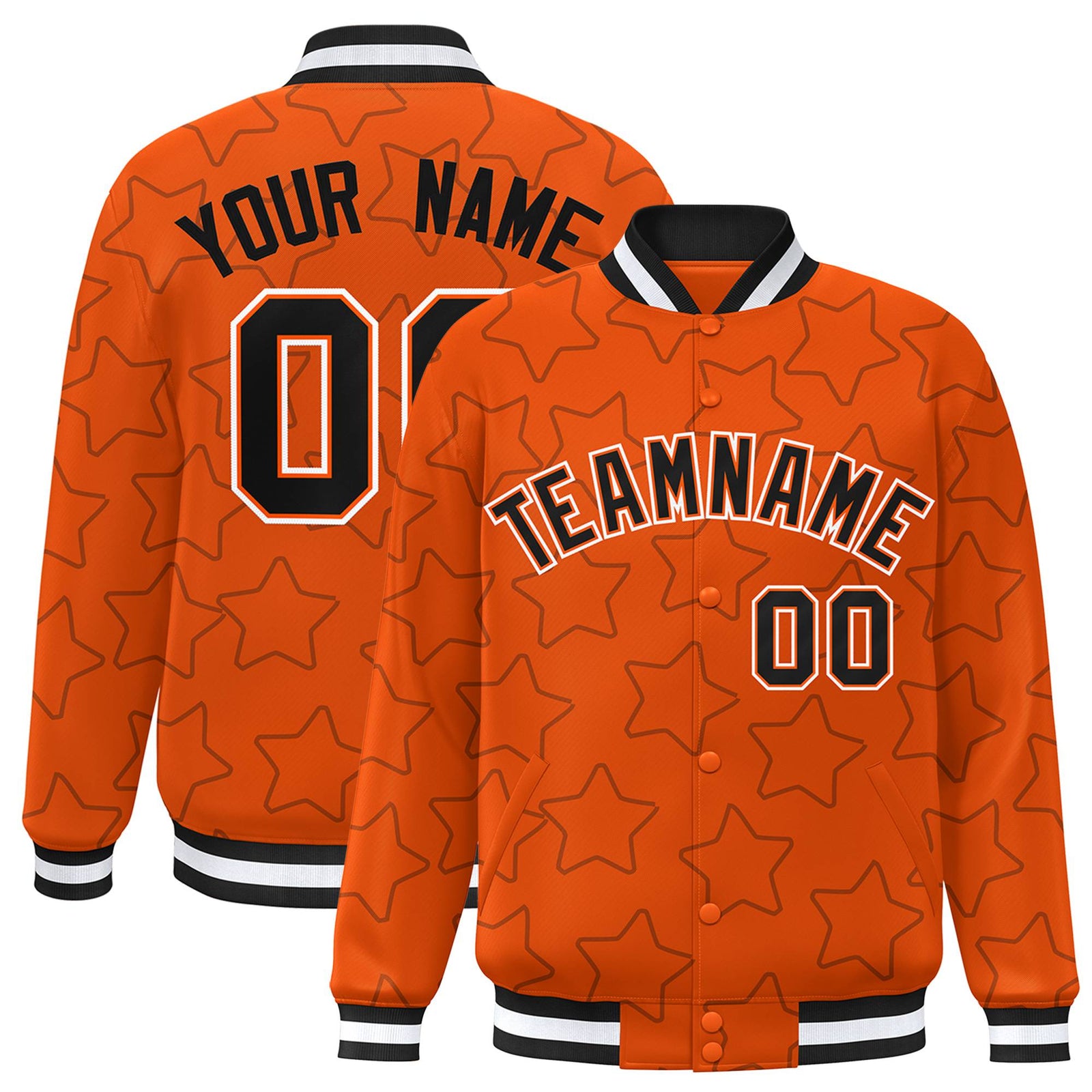 Custom Orange Black-White Varsity Full-Snap Star Pattern Letterman Baseball Jacket