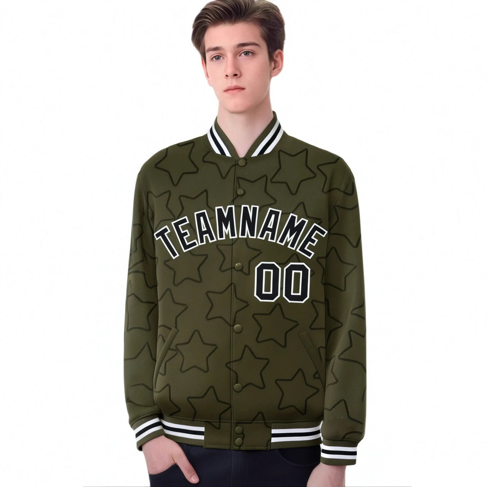 Custom Olive Black-White Varsity Full-Snap Star Pattern Letterman Baseball Jacket