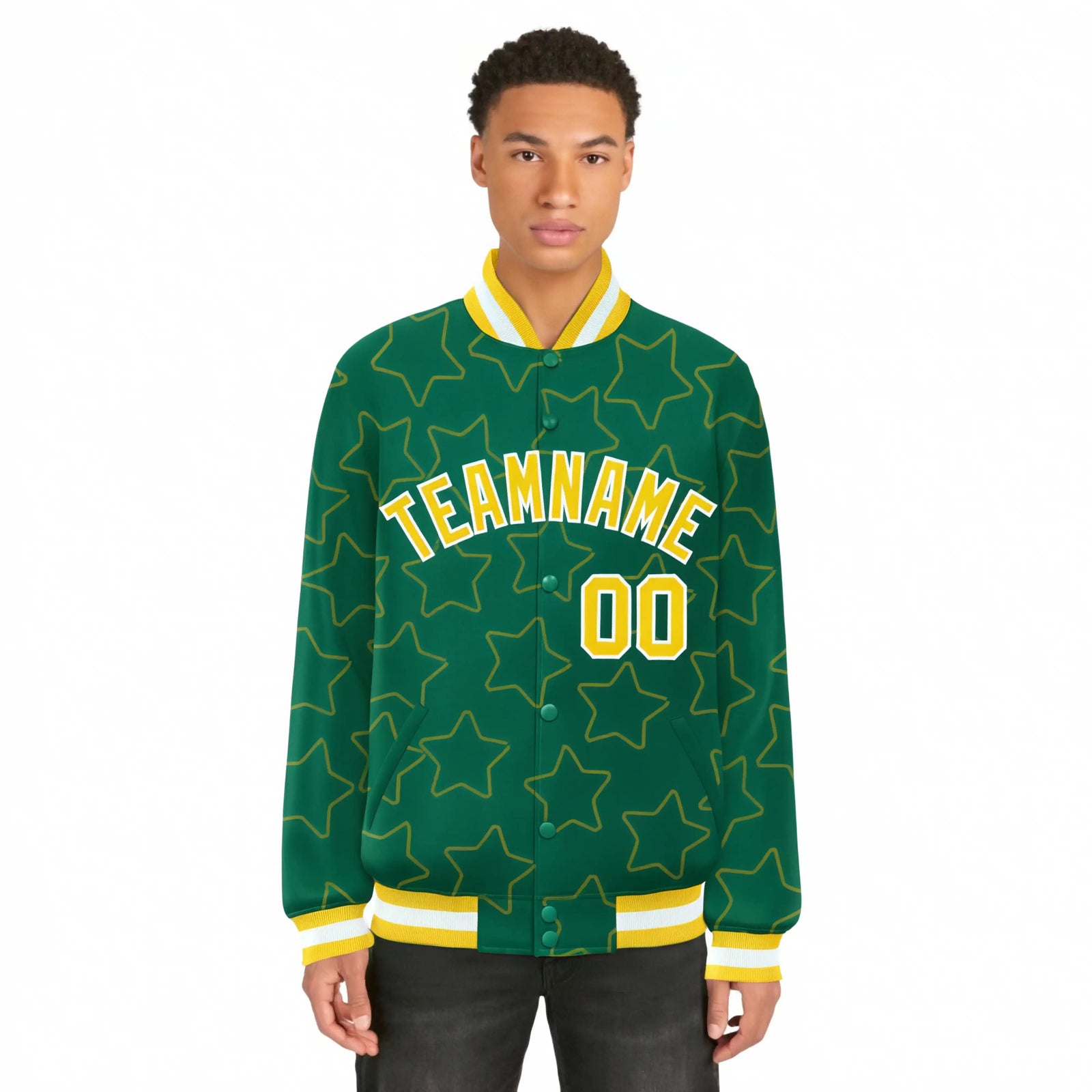 Custom Kelly Green Gold-White Varsity Full-Snap Star Pattern Letterman Baseball Jacket
