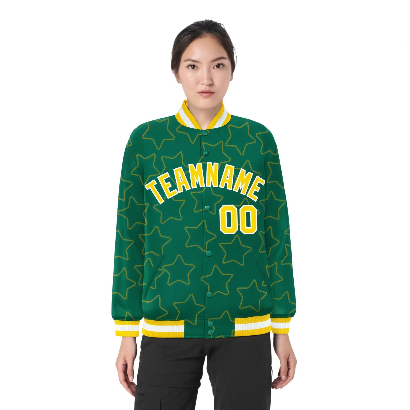 Custom Kelly Green Gold-White Varsity Full-Snap Star Pattern Letterman Baseball Jacket