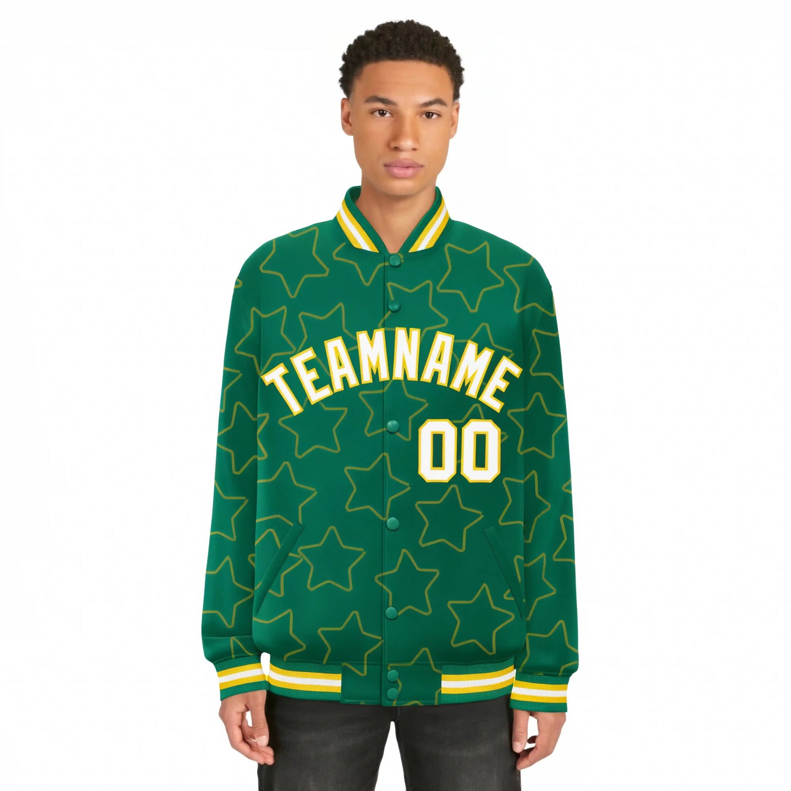 Custom Kelly Green White-Gold Varsity Full-Snap Star Pattern Letterman Baseball Jacket