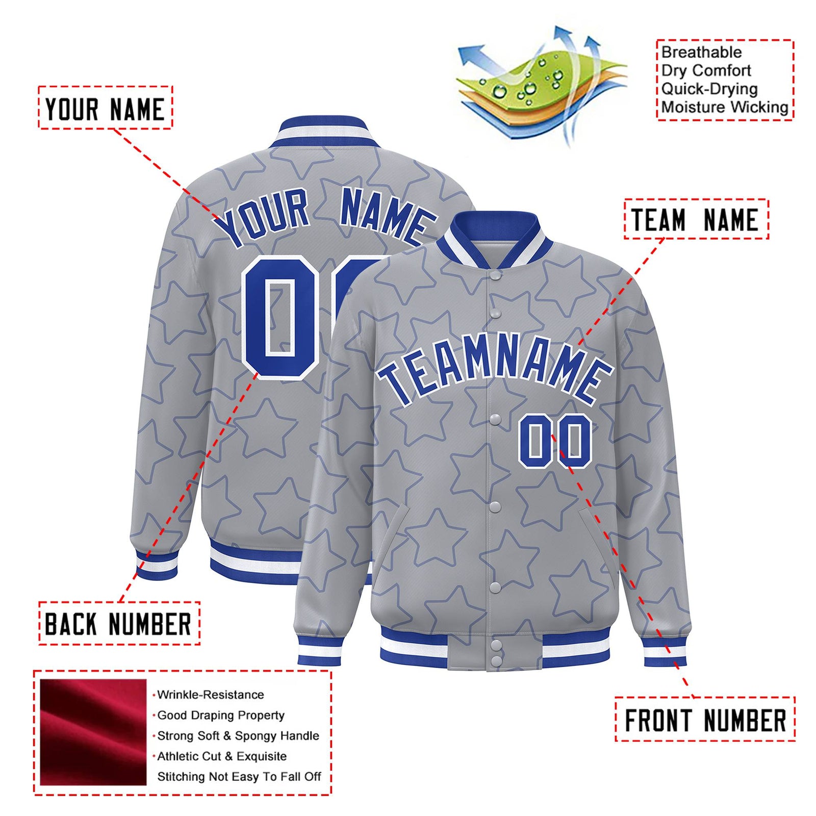Custom Gray Royal Blue-White Varsity Full-Snap Star Pattern Letterman Baseball Jacket