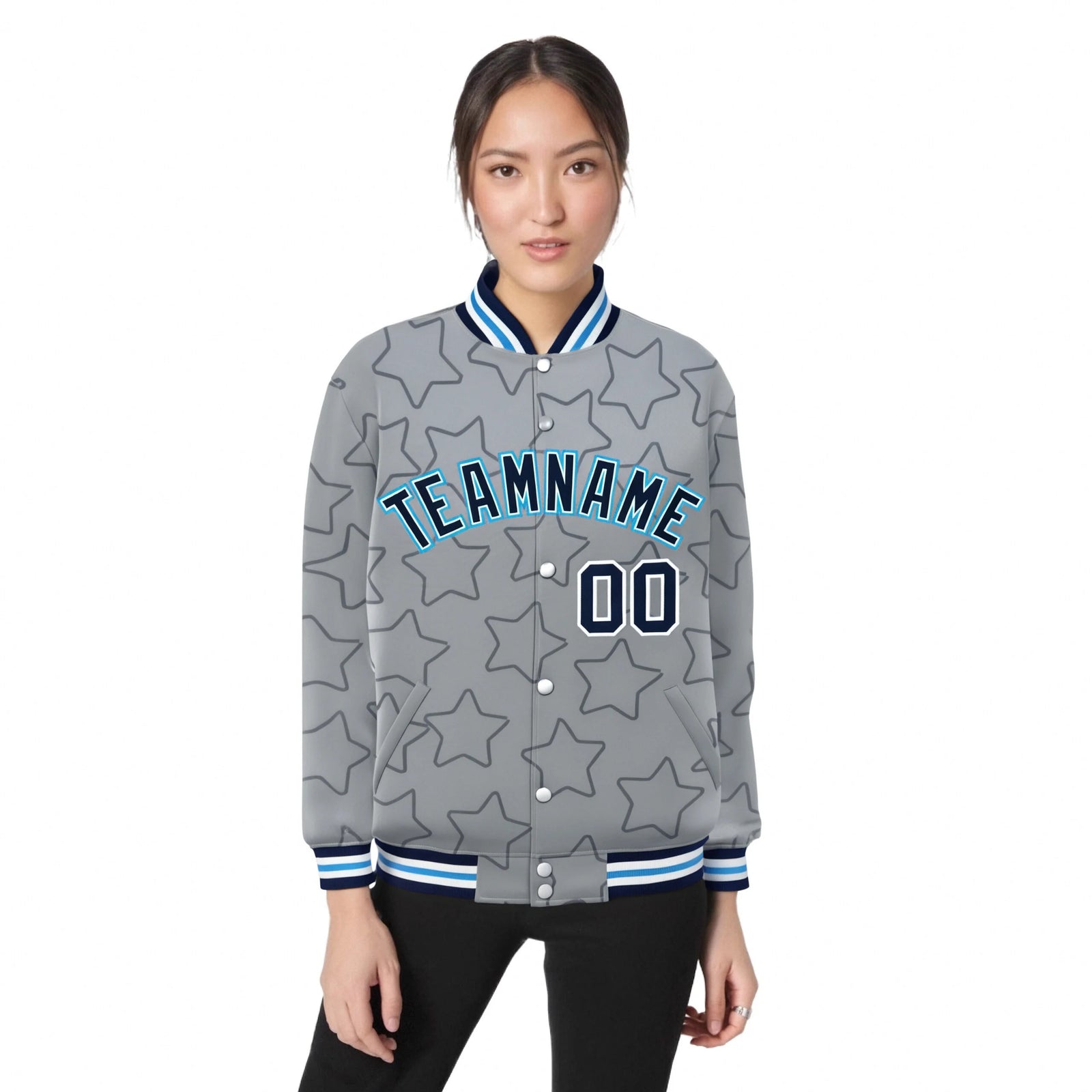 Custom Gray Navy-White Varsity Full-Snap Star Pattern Letterman Baseball Jacket