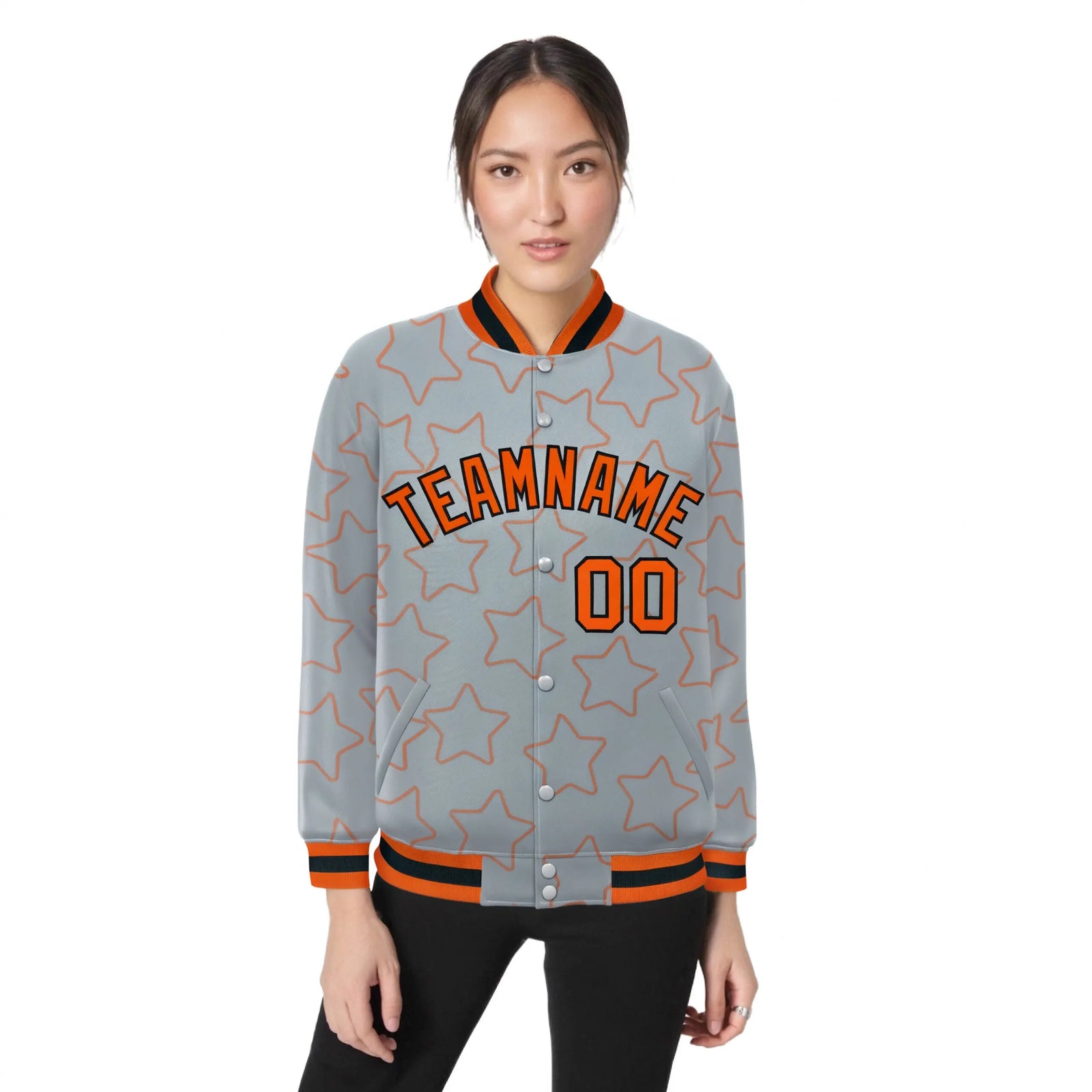 Custom Gray Orange-Black Varsity Full-Snap Star Pattern Letterman Baseball Jacket