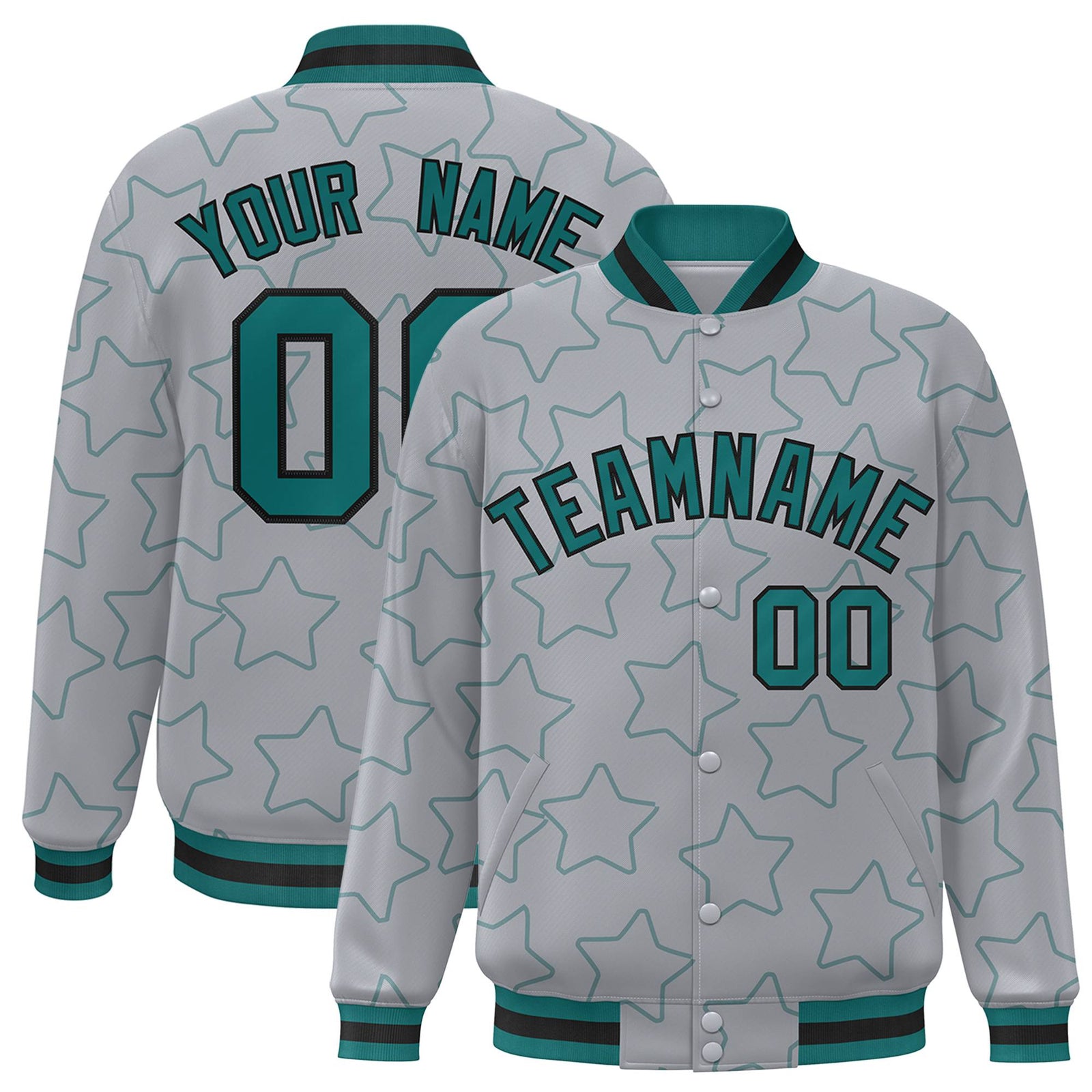 Custom Gray Aqua-Black Varsity Full-Snap Star Pattern Letterman Baseball Jacket