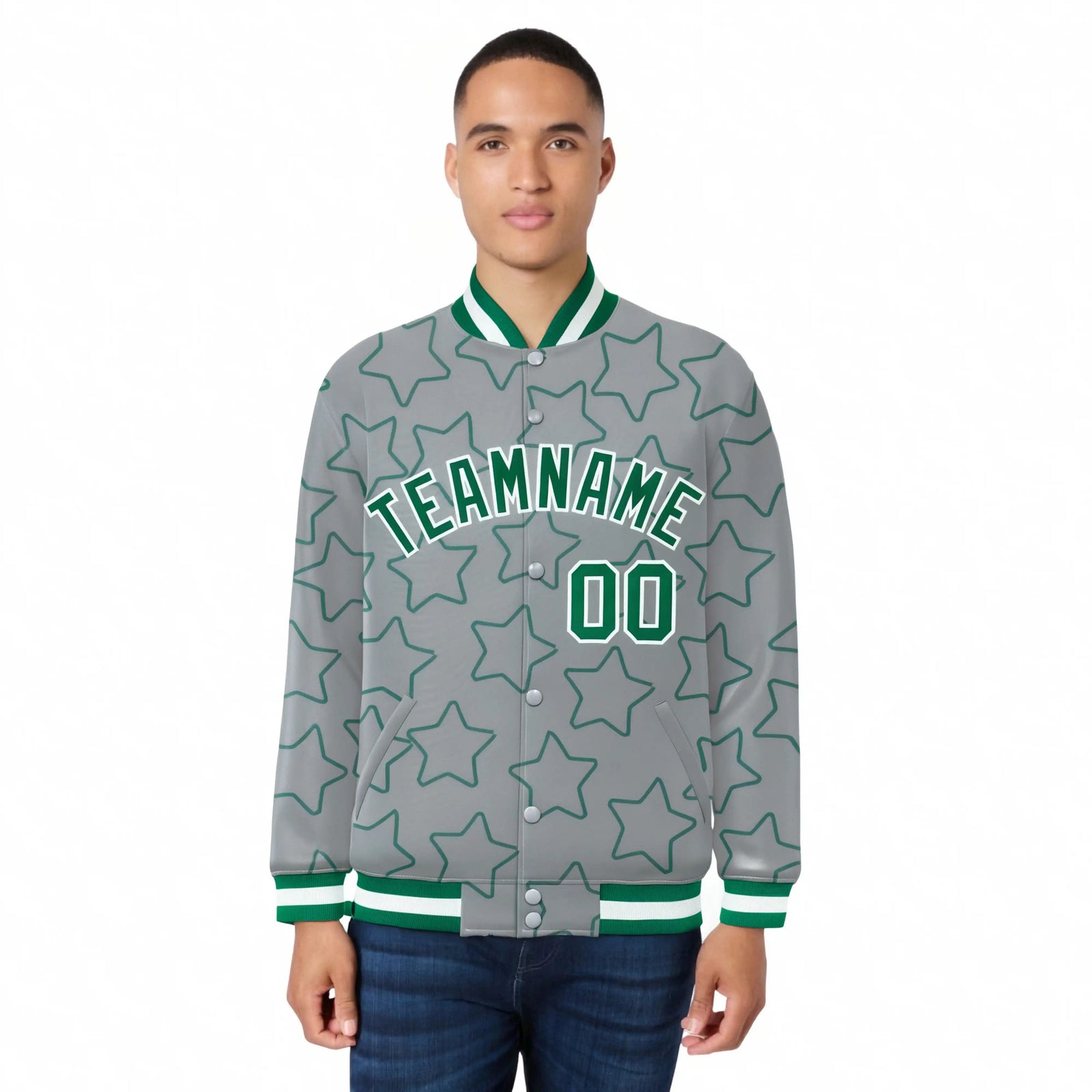 Custom Gray Kelly Green-White Varsity Full-Snap Star Pattern Letterman Baseball Jacket