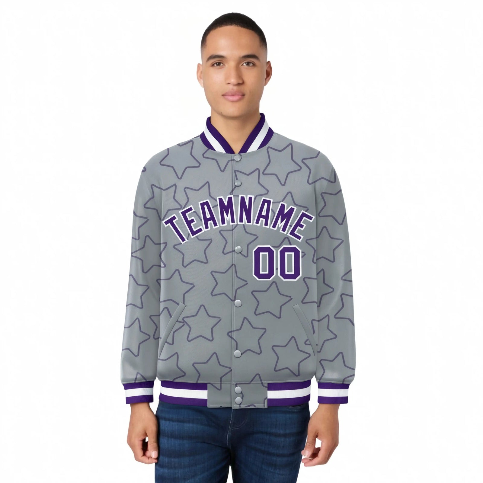 Custom Gray Purple-White Varsity Full-Snap Star Pattern Letterman Baseball Jacket