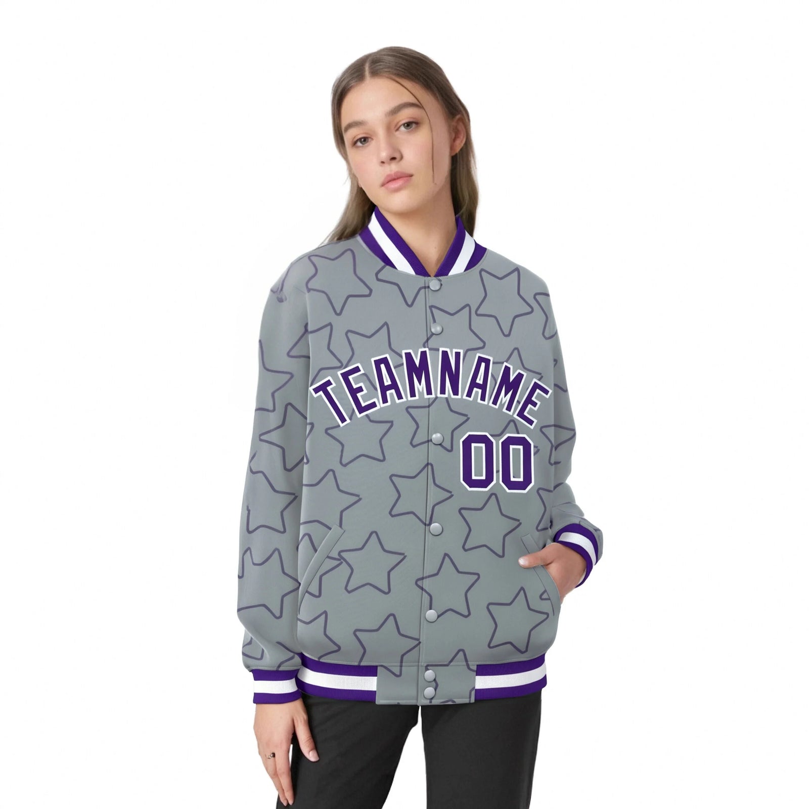 Custom Gray Purple-White Varsity Full-Snap Star Pattern Letterman Baseball Jacket