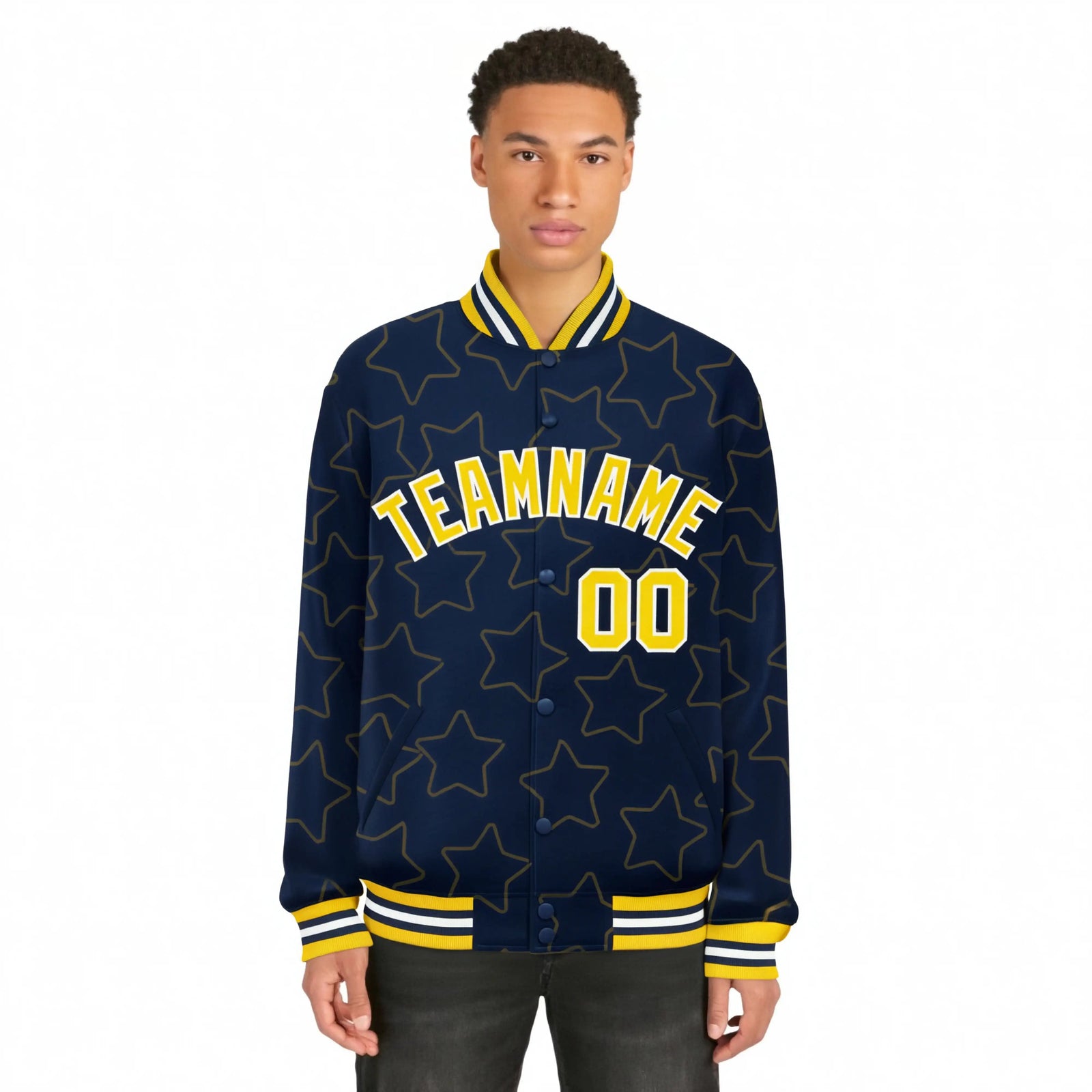 Custom Navy Gold-White Varsity Full-Snap Star Pattern Letterman Baseball Jacket